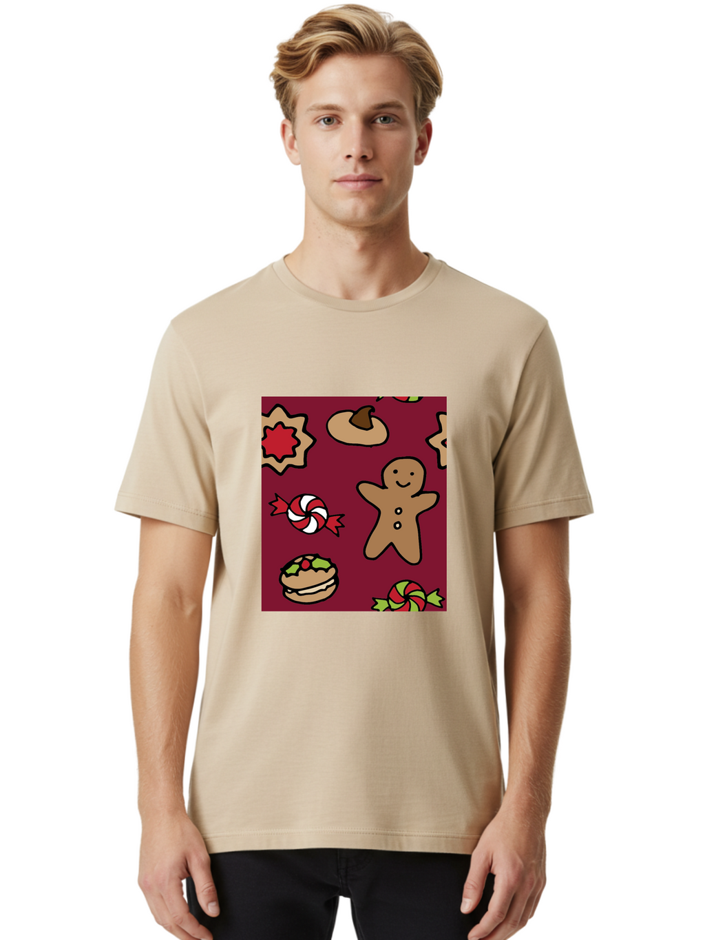 Gingerbread-Man Men'S Graphic Tee, 100% Cotton, Comfortable Casual Summer Wear, Machine Washable, Gingerbread Man, Christmas Sweets, Candies, Cookies, Festive Treats, Holiday Delights, Red And White Swirls, Christmas Cookies, -  Aaa903