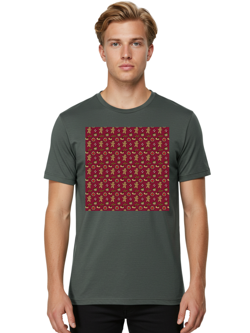 Gingerbread-Men-Pattern Men'S Graphic Tee, 100% Cotton, Comfortable Casual Summer Wear, Machine Washable, Gingerbread Men, Festive Holiday Pattern, Christmas Treats, Candy Canes, Cupcakes, Flowers, Red Background, Sweet Delights, Baking, -  Aaa904