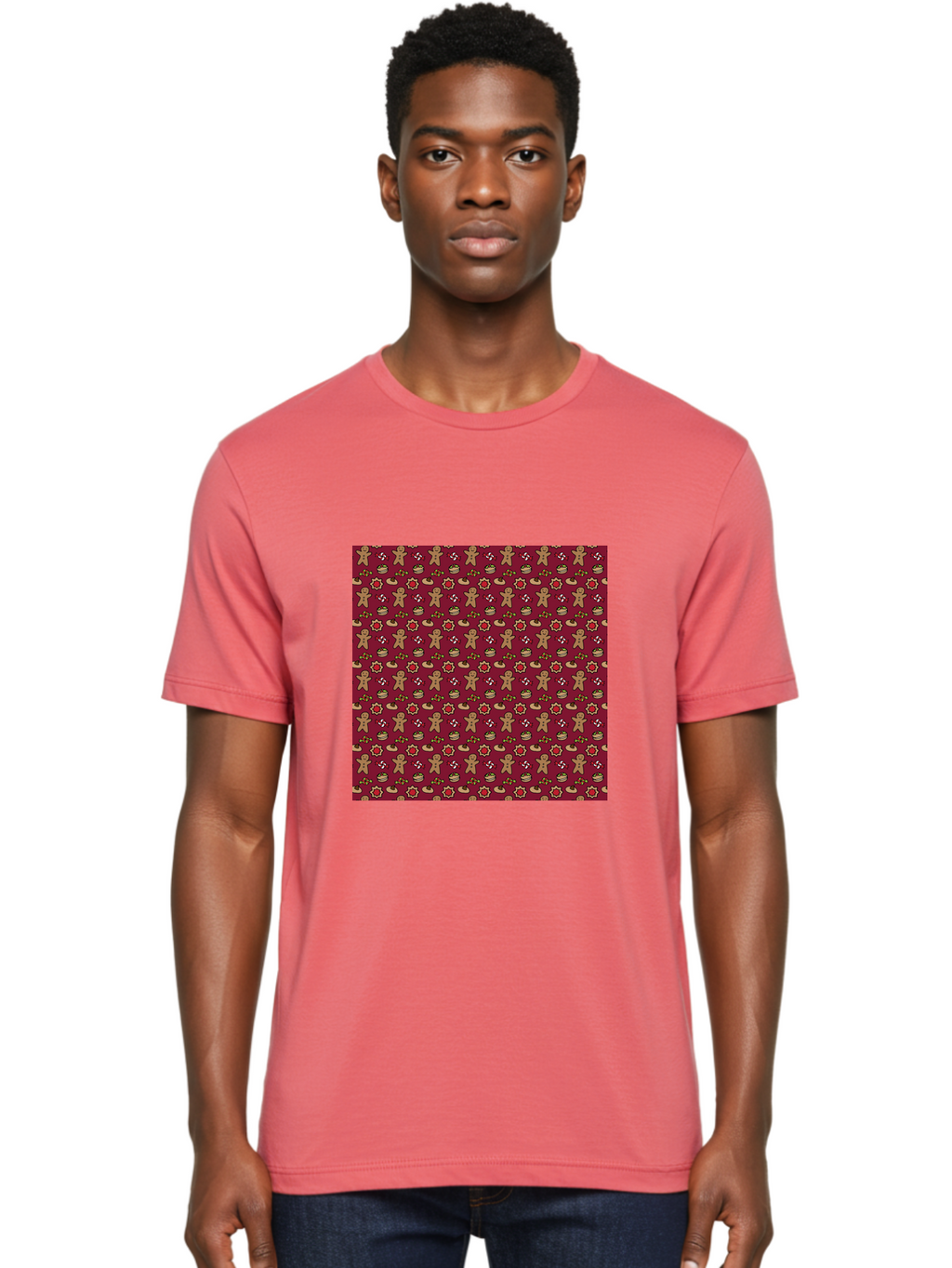 Gingerbread-Men-Pattern Men'S Graphic Tee, 100% Cotton, Comfortable Casual Summer Wear, Machine Washable, Gingerbread Men, Festive Holiday Pattern, Christmas Treats, Candy Canes, Cupcakes, Flowers, Red Background, Sweet Delights, Baking, -  Aaa904