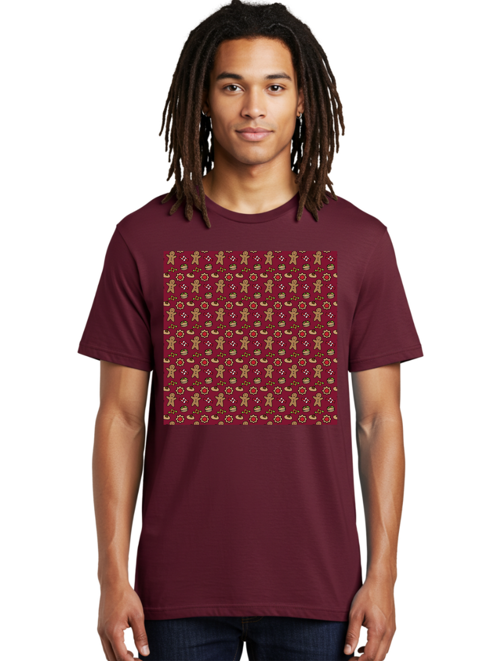Gingerbread-Men-Pattern Men'S Graphic Tee, 100% Cotton, Comfortable Casual Summer Wear, Machine Washable, Gingerbread Men, Festive Holiday Pattern, Christmas Treats, Candy Canes, Cupcakes, Flowers, Red Background, Sweet Delights, Baking, -  Aaa904