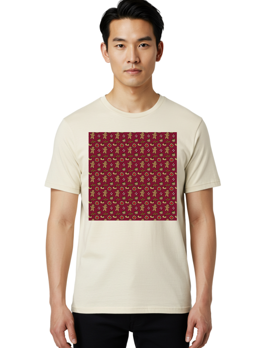 Gingerbread-Men-Pattern Men'S Graphic Tee, 100% Cotton, Comfortable Casual Summer Wear, Machine Washable, Gingerbread Men, Festive Holiday Pattern, Christmas Treats, Candy Canes, Cupcakes, Flowers, Red Background, Sweet Delights, Baking, -  Aaa904