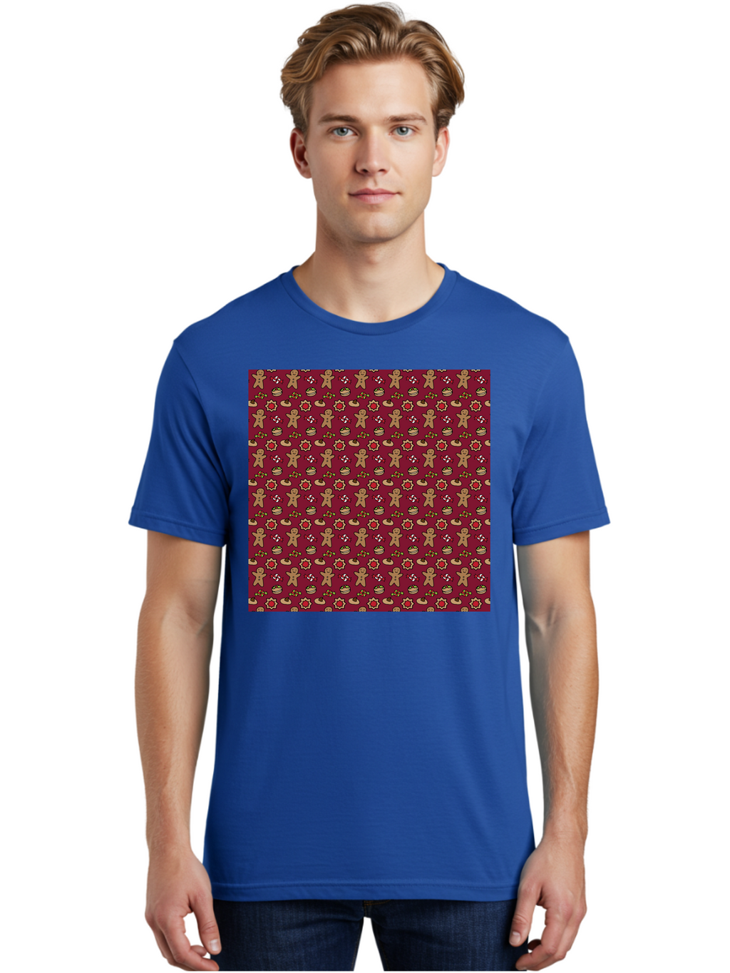 Gingerbread-Men-Pattern Men'S Graphic Tee, 100% Cotton, Comfortable Casual Summer Wear, Machine Washable, Gingerbread Men, Festive Holiday Pattern, Christmas Treats, Candy Canes, Cupcakes, Flowers, Red Background, Sweet Delights, Baking, -  Aaa904