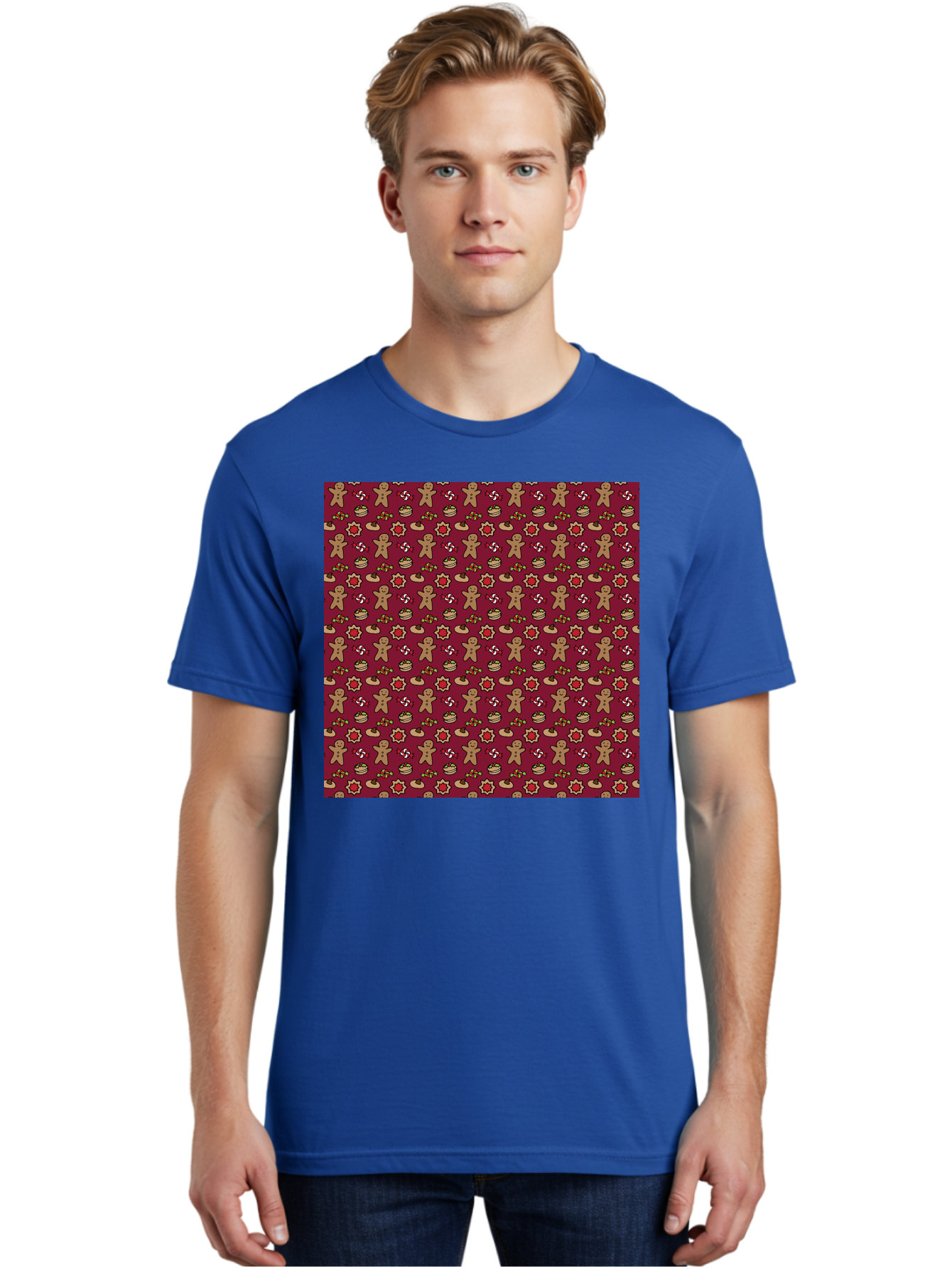 Gingerbread-Men-Pattern Men'S Graphic Tee, 100% Cotton, Comfortable Casual Summer Wear, Machine Washable, Gingerbread Men, Festive Holiday Pattern, Christmas Treats, Candy Canes, Cupcakes, Flowers, Red Background, Sweet Delights, Baking, -  Aaa904