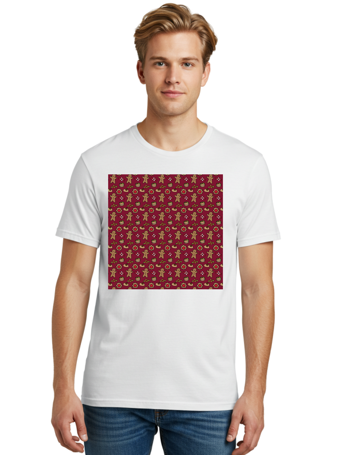 Gingerbread-Men-Pattern Men'S Graphic Tee, 100% Cotton, Comfortable Casual Summer Wear, Machine Washable, Gingerbread Men, Festive Holiday Pattern, Christmas Treats, Candy Canes, Cupcakes, Flowers, Red Background, Sweet Delights, Baking, -  Aaa904