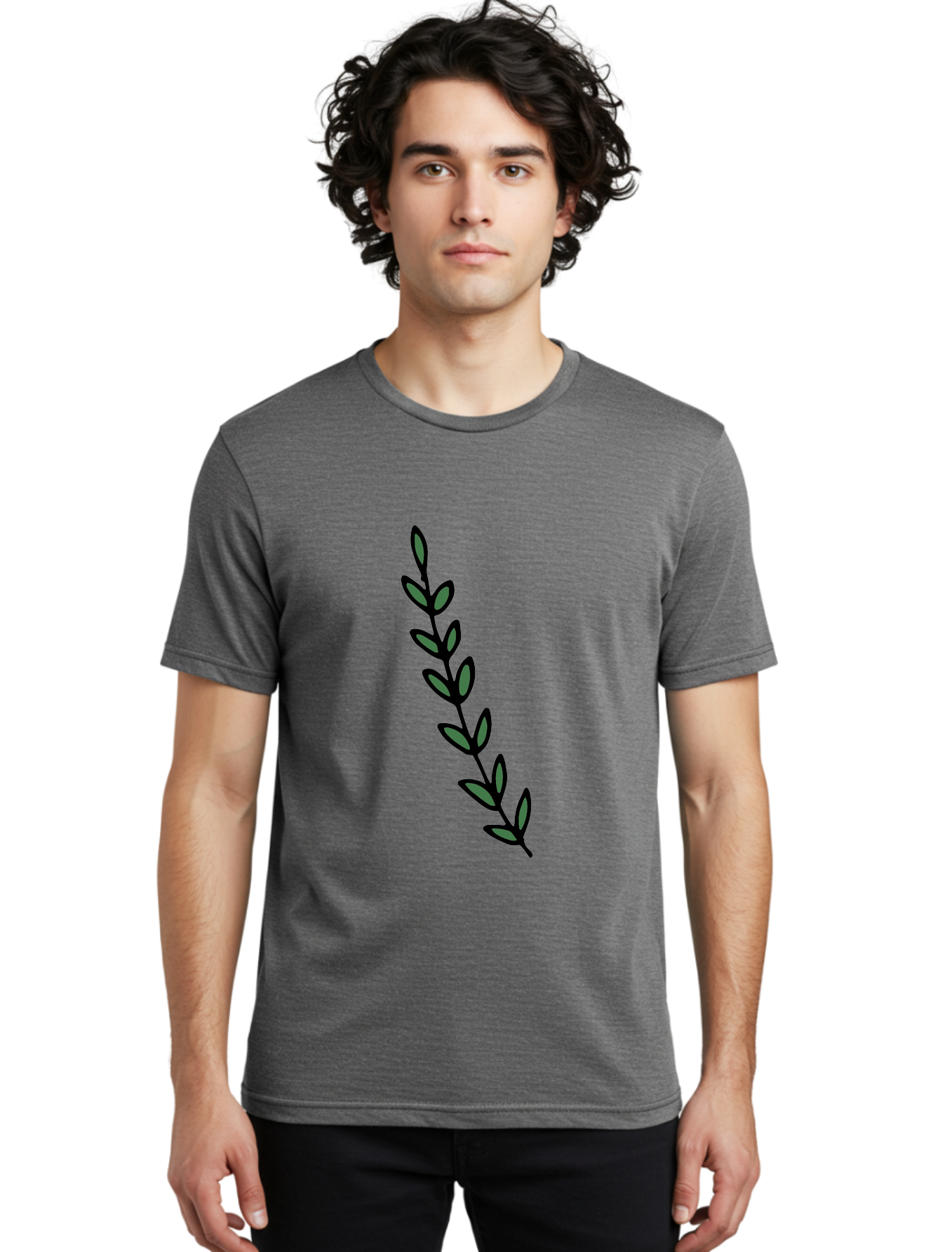 Green-Leaves Men'S Graphic Tee, 100% Cotton, Comfortable Casual Summer Wear, Machine Washable, Simple Stem, Leafy Greens, Minimalist Design, Dark Gray Leaves, Black Outline, Botanical Illustration, Modern Graphics -  Aaa906
