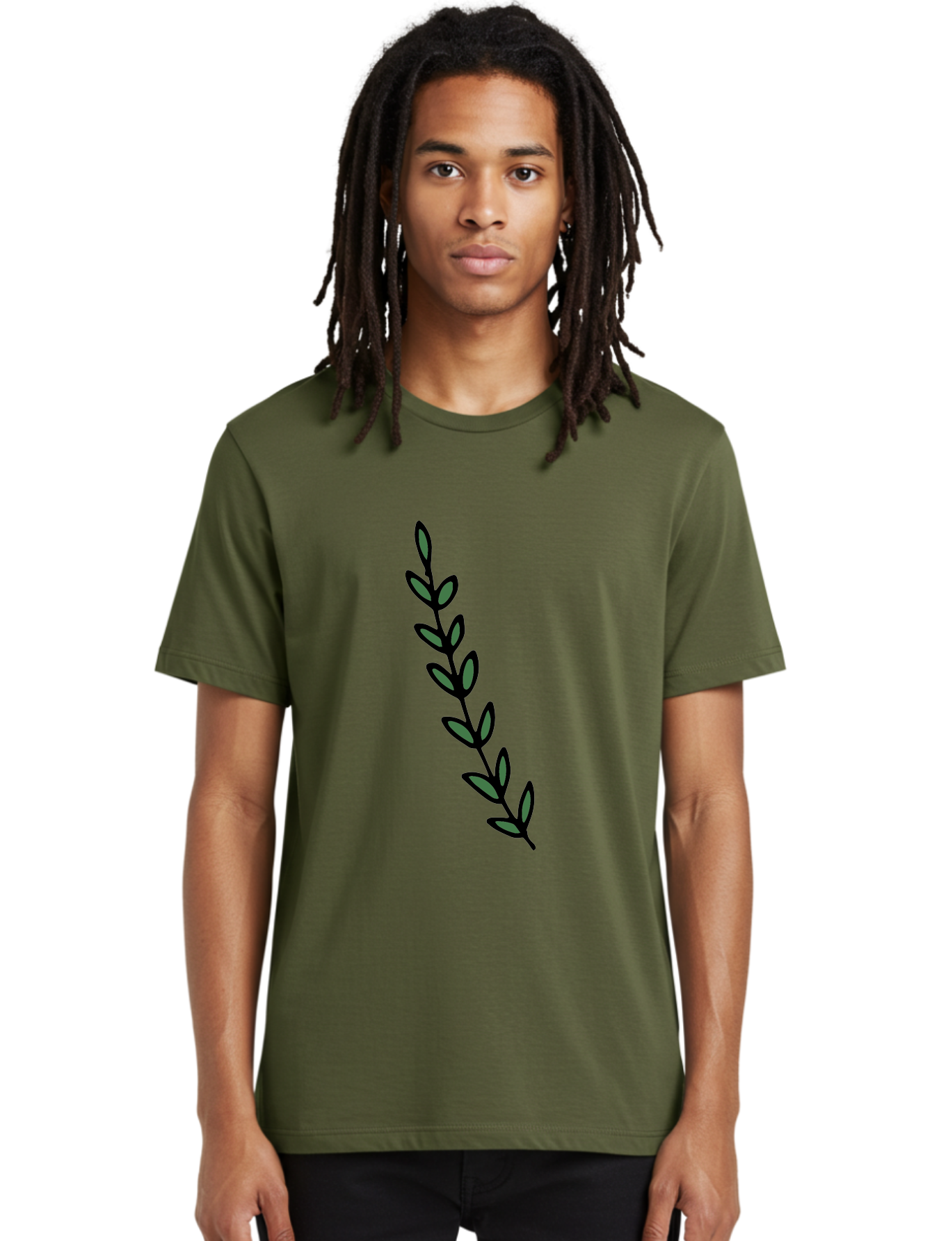 Green-Leaves Men'S Graphic Tee, 100% Cotton, Comfortable Casual Summer Wear, Machine Washable, Simple Stem, Leafy Greens, Minimalist Design, Dark Gray Leaves, Black Outline, Botanical Illustration, Modern Graphics -  Aaa906