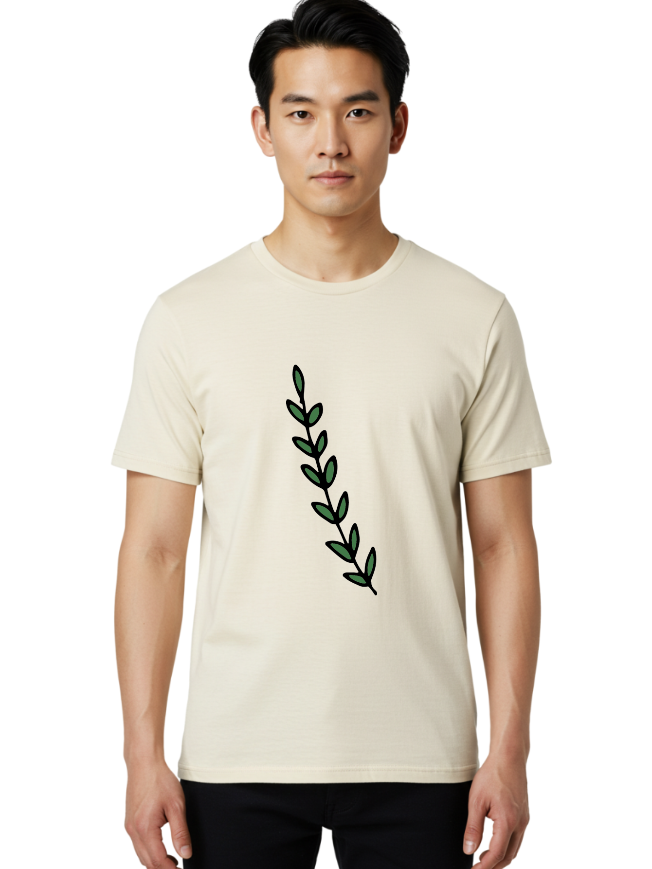 Green-Leaves Men'S Graphic Tee, 100% Cotton, Comfortable Casual Summer Wear, Machine Washable, Simple Stem, Leafy Greens, Minimalist Design, Dark Gray Leaves, Black Outline, Botanical Illustration, Modern Graphics -  Aaa906