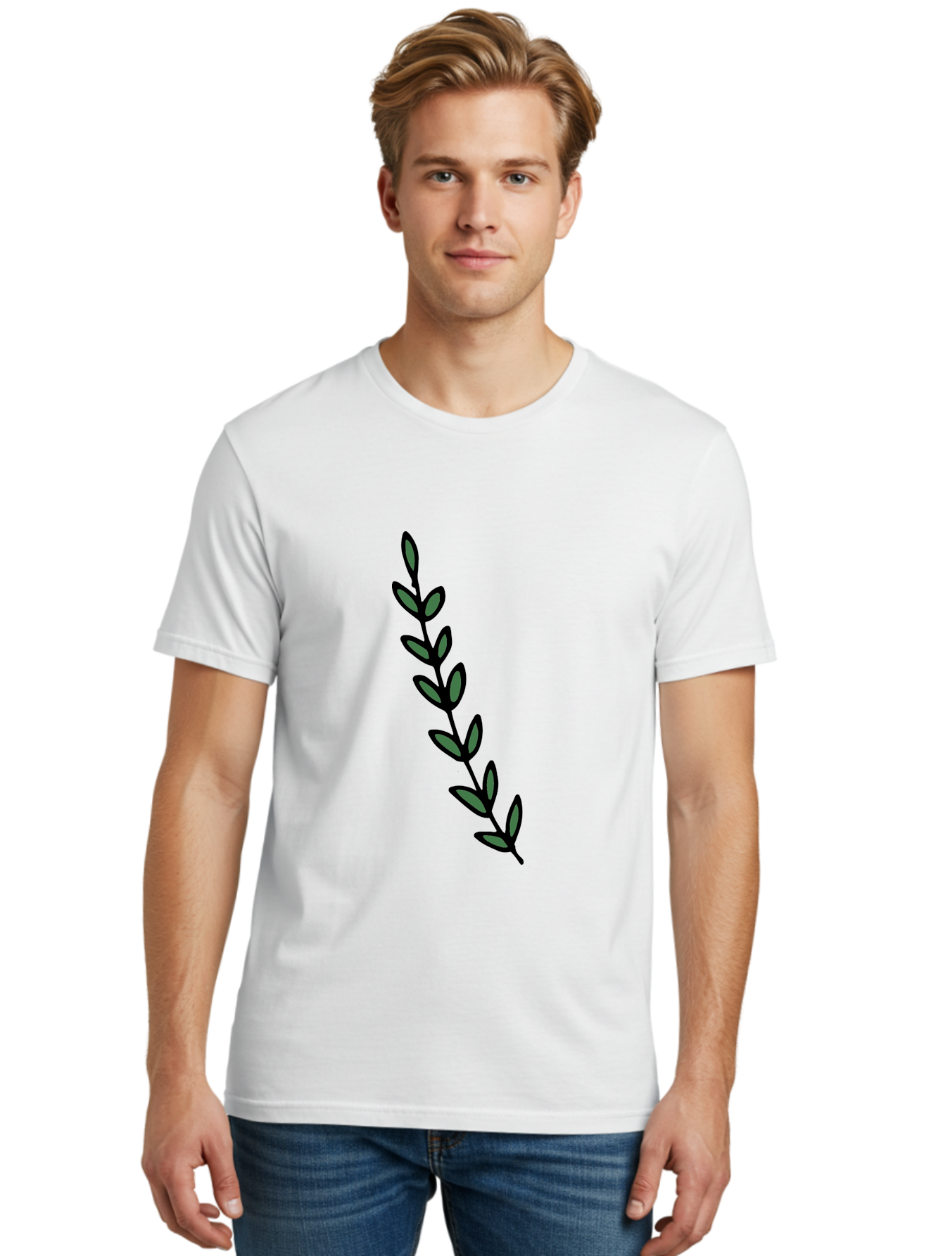 Green-Leaves Men'S Graphic Tee, 100% Cotton, Comfortable Casual Summer Wear, Machine Washable, Simple Stem, Leafy Greens, Minimalist Design, Dark Gray Leaves, Black Outline, Botanical Illustration, Modern Graphics -  Aaa906