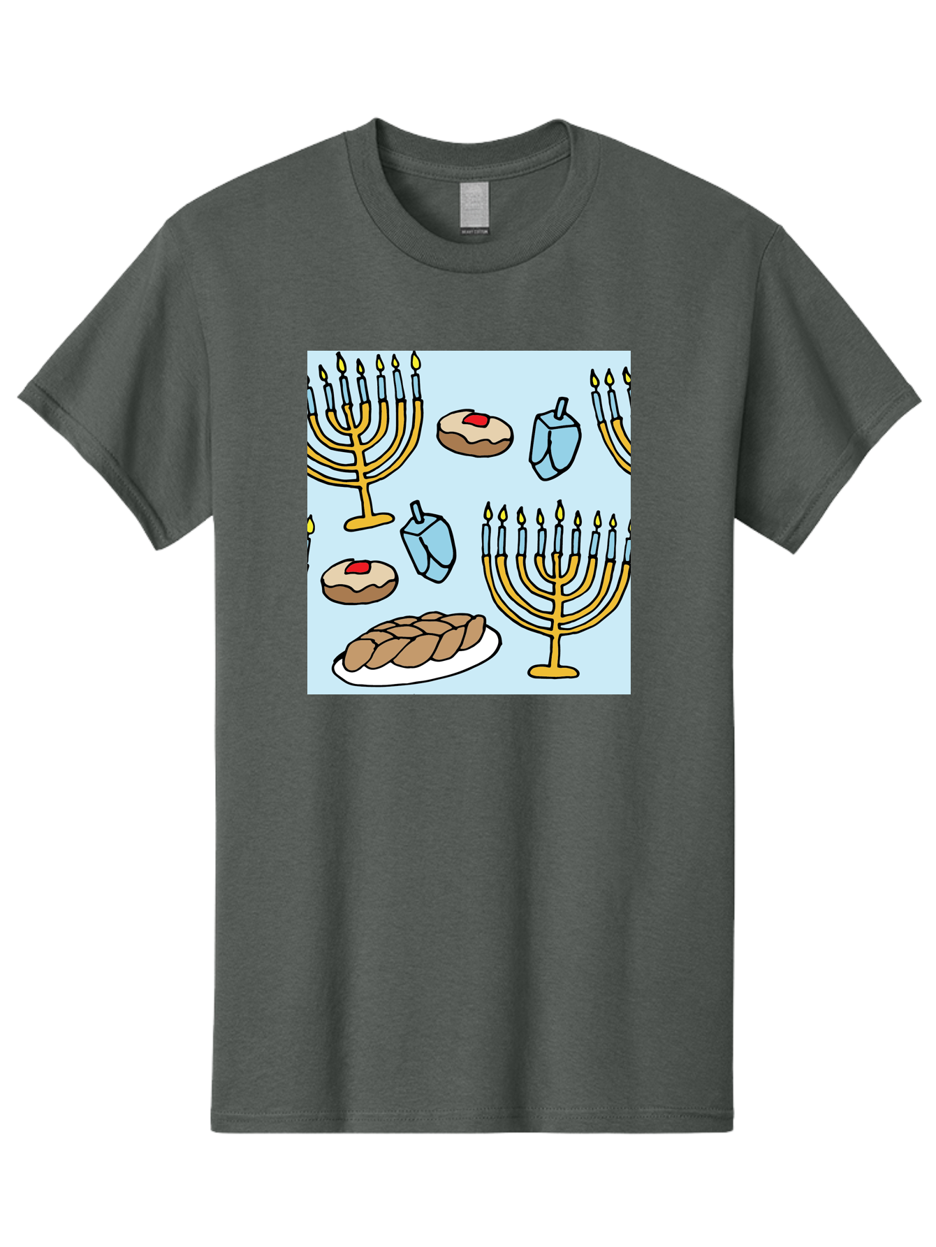 Hanukkah-Symbols Men'S Graphic Tee, 100% Cotton, Comfortable Casual Summer Wear, Machine Washable, Menorahs With Lit Candles, Sufganiyot Jelly Donuts, Dreidels, Challah Bread, Hanukkah Traditions, Jewish Holiday, Festive Food, -  Aaa910