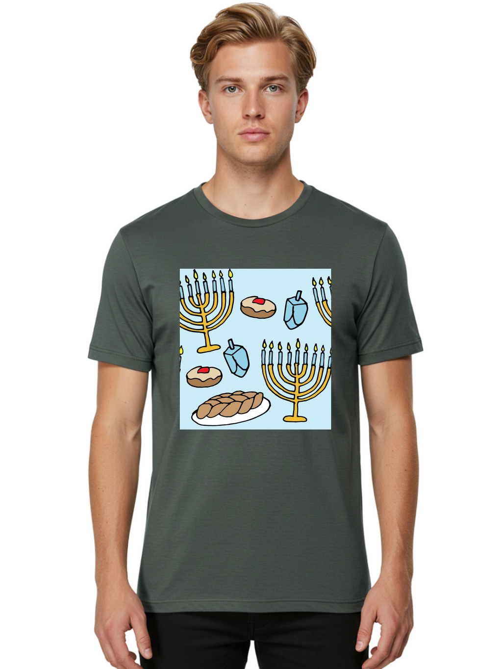 Hanukkah-Symbols Men'S Graphic Tee, 100% Cotton, Comfortable Casual Summer Wear, Machine Washable, Menorahs With Lit Candles, Sufganiyot Jelly Donuts, Dreidels, Challah Bread, Hanukkah Traditions, Jewish Holiday, Festive Food, -  Aaa910
