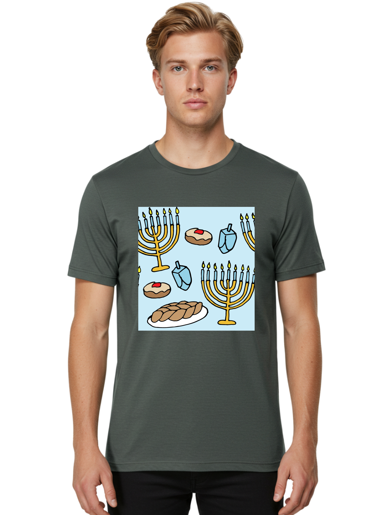 Hanukkah-Symbols Men'S Graphic Tee, 100% Cotton, Comfortable Casual Summer Wear, Machine Washable, Menorahs With Lit Candles, Sufganiyot Jelly Donuts, Dreidels, Challah Bread, Hanukkah Traditions, Jewish Holiday, Festive Food, -  Aaa910