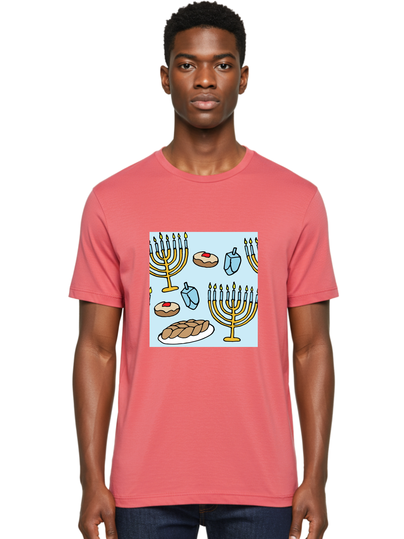 Hanukkah-Symbols Men'S Graphic Tee, 100% Cotton, Comfortable Casual Summer Wear, Machine Washable, Menorahs With Lit Candles, Sufganiyot Jelly Donuts, Dreidels, Challah Bread, Hanukkah Traditions, Jewish Holiday, Festive Food, -  Aaa910