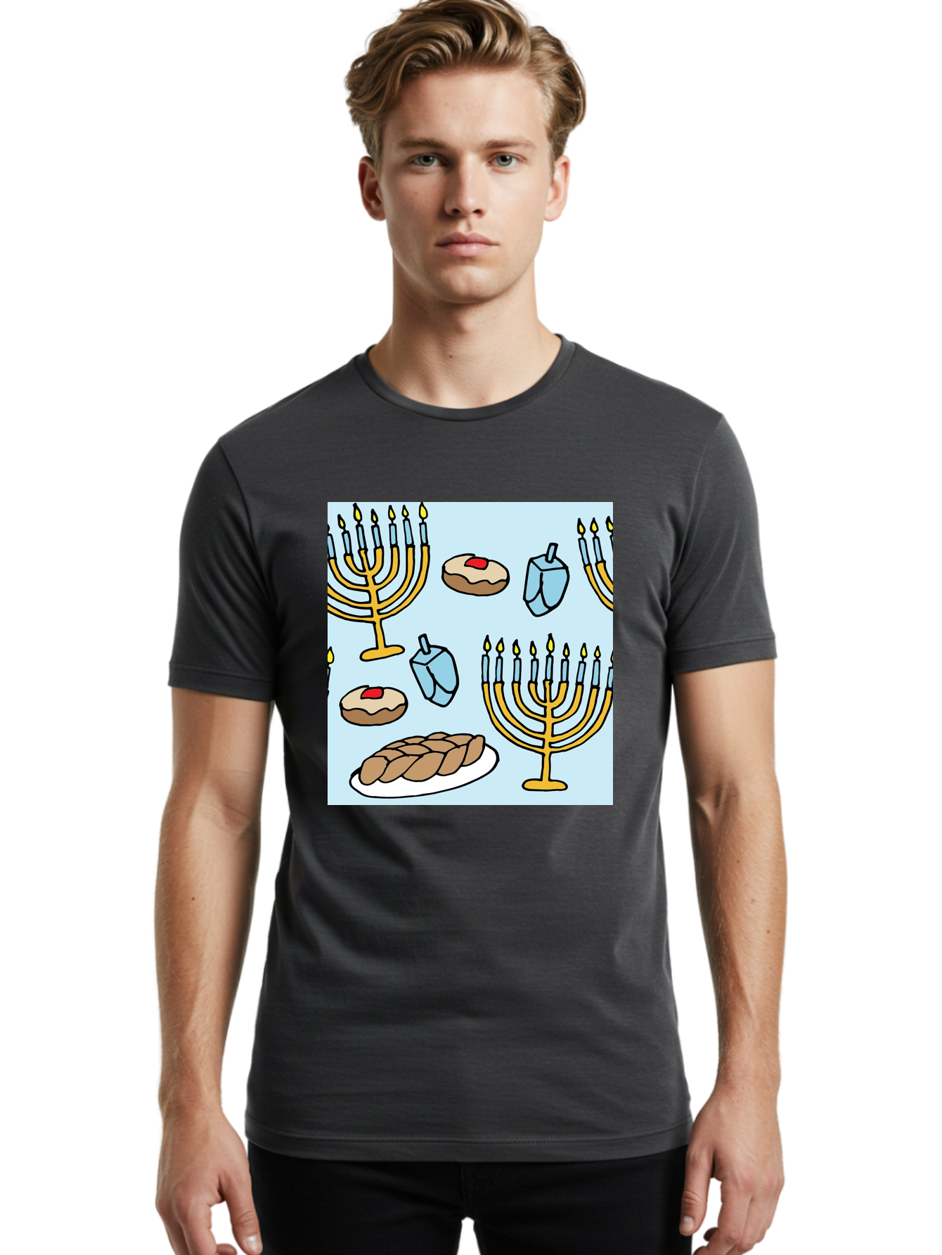 Hanukkah-Symbols Men'S Graphic Tee, 100% Cotton, Comfortable Casual Summer Wear, Machine Washable, Menorahs With Lit Candles, Sufganiyot Jelly Donuts, Dreidels, Challah Bread, Hanukkah Traditions, Jewish Holiday, Festive Food, -  Aaa910