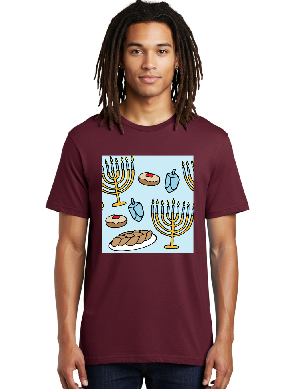 Hanukkah-Symbols Men'S Graphic Tee, 100% Cotton, Comfortable Casual Summer Wear, Machine Washable, Menorahs With Lit Candles, Sufganiyot Jelly Donuts, Dreidels, Challah Bread, Hanukkah Traditions, Jewish Holiday, Festive Food, -  Aaa910
