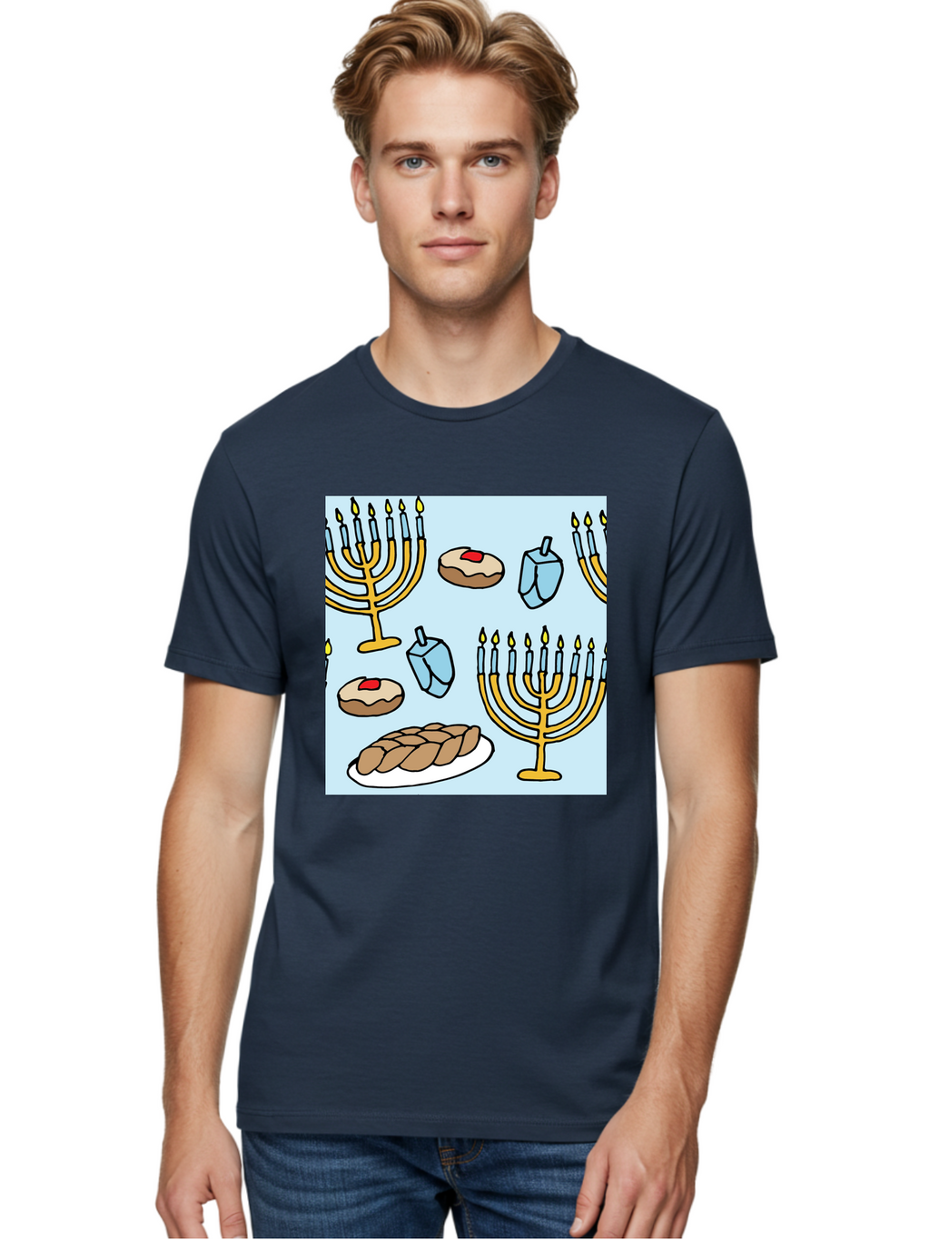 Hanukkah-Symbols Men'S Graphic Tee, 100% Cotton, Comfortable Casual Summer Wear, Machine Washable, Menorahs With Lit Candles, Sufganiyot Jelly Donuts, Dreidels, Challah Bread, Hanukkah Traditions, Jewish Holiday, Festive Food, -  Aaa910