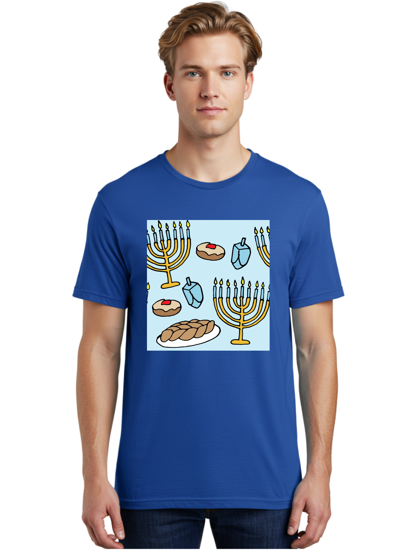 Hanukkah-Symbols Men'S Graphic Tee, 100% Cotton, Comfortable Casual Summer Wear, Machine Washable, Menorahs With Lit Candles, Sufganiyot Jelly Donuts, Dreidels, Challah Bread, Hanukkah Traditions, Jewish Holiday, Festive Food, -  Aaa910