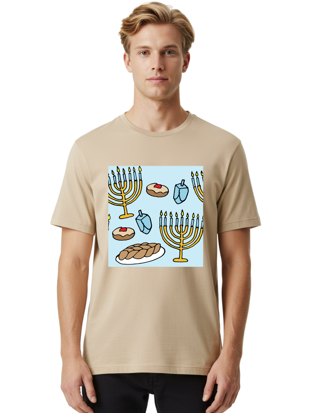 Hanukkah-Symbols Men'S Graphic Tee, 100% Cotton, Comfortable Casual Summer Wear, Machine Washable, Menorahs With Lit Candles, Sufganiyot Jelly Donuts, Dreidels, Challah Bread, Hanukkah Traditions, Jewish Holiday, Festive Food, -  Aaa910