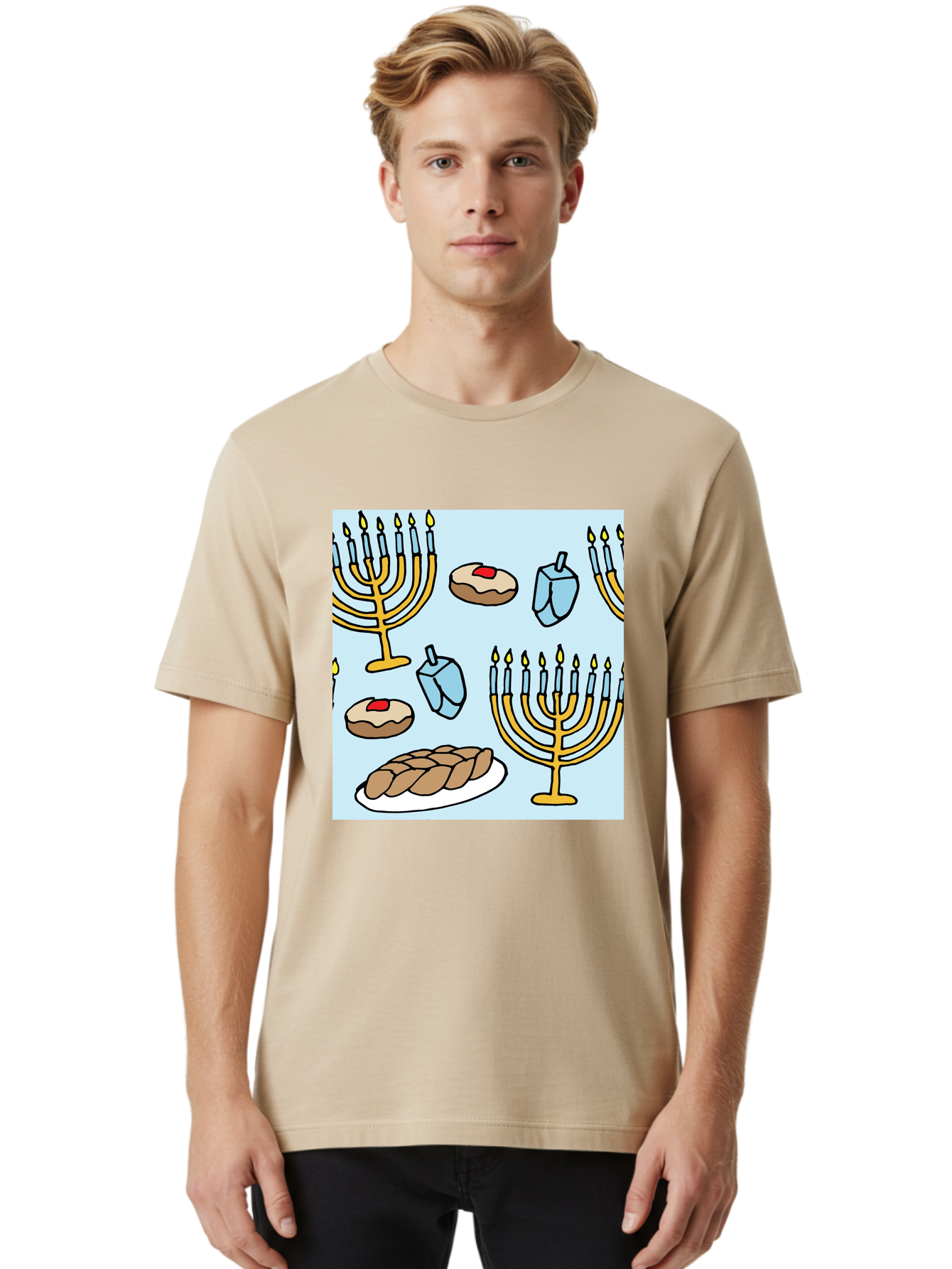 Hanukkah-Symbols Men'S Graphic Tee, 100% Cotton, Comfortable Casual Summer Wear, Machine Washable, Menorahs With Lit Candles, Sufganiyot Jelly Donuts, Dreidels, Challah Bread, Hanukkah Traditions, Jewish Holiday, Festive Food, -  Aaa910