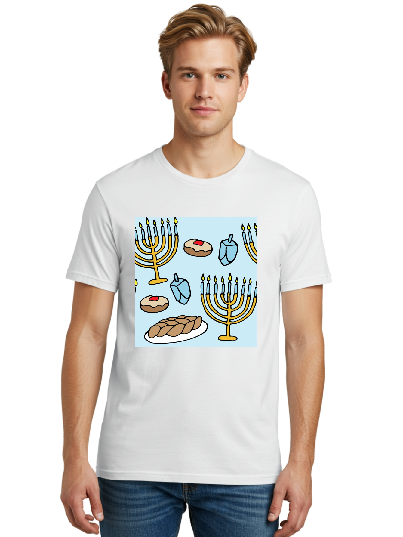 Hanukkah-Symbols Men'S Graphic Tee, 100% Cotton, Comfortable Casual Summer Wear, Machine Washable, Menorahs With Lit Candles, Sufganiyot Jelly Donuts, Dreidels, Challah Bread, Hanukkah Traditions, Jewish Holiday, Festive Food, -  Aaa910