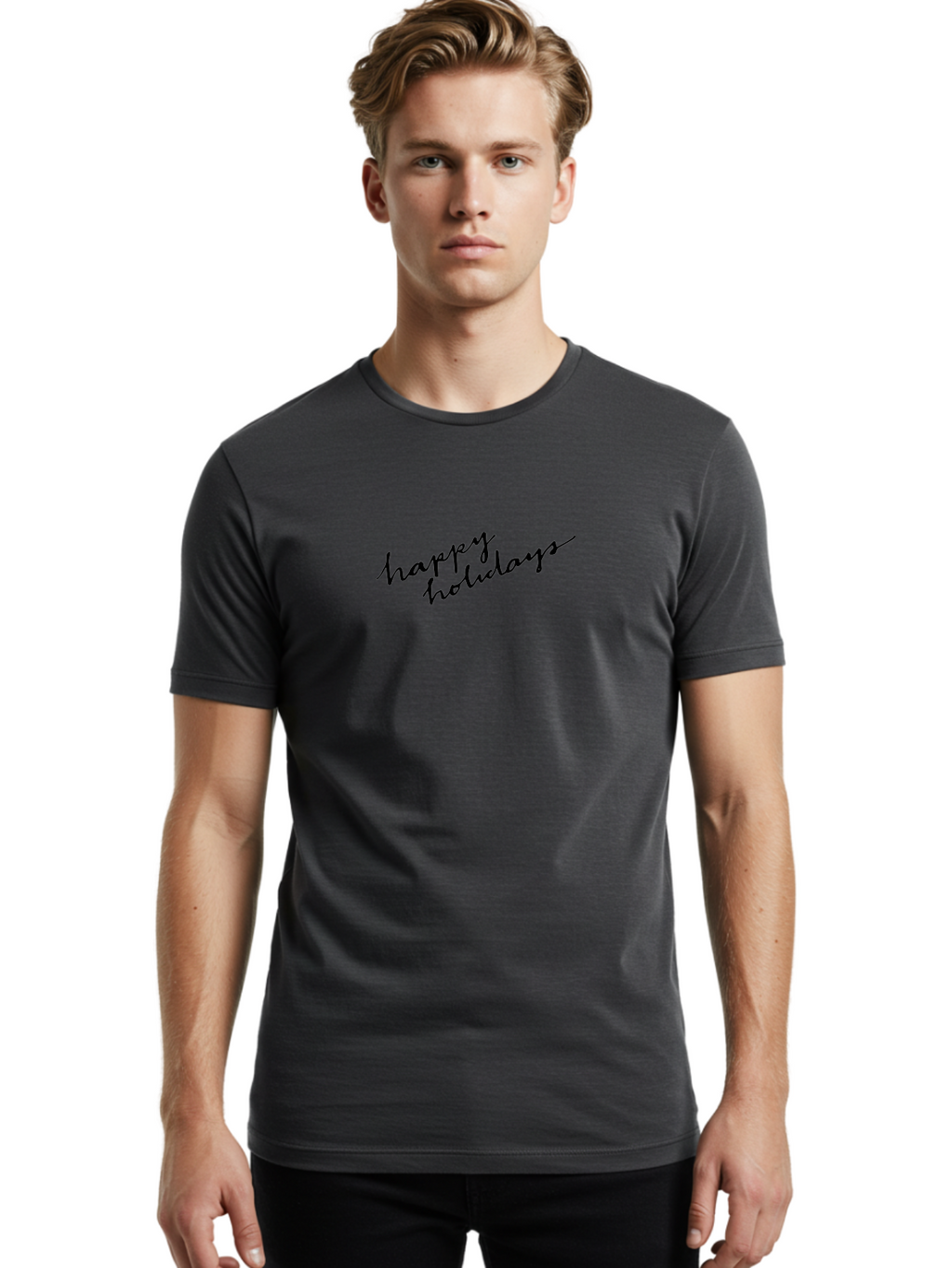 Happy-Holidays-1 Men'S Graphic Tee, 100% Cotton, Comfortable Casual Summer Wear, Machine Washable, Happy Holidays, Winter Season, Festive Wishes, Holiday Greetings, Seasonal Message, Black Calligraphy -  Aaa913