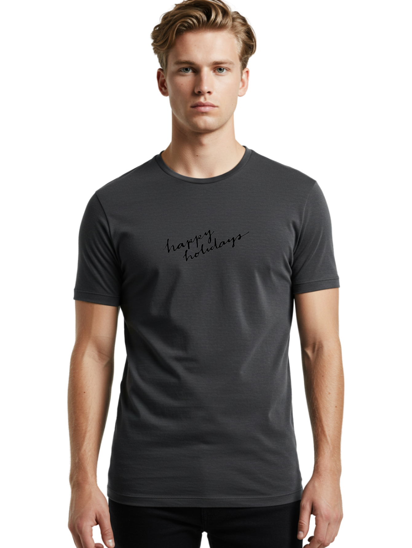 Happy-Holidays-1 Men'S Graphic Tee, 100% Cotton, Comfortable Casual Summer Wear, Machine Washable, Happy Holidays, Winter Season, Festive Wishes, Holiday Greetings, Seasonal Message, Black Calligraphy -  Aaa913