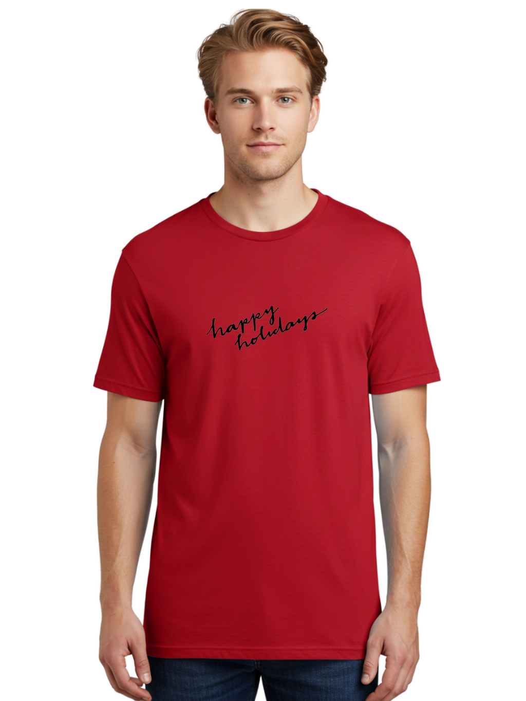 Happy-Holidays-1 Men'S Graphic Tee, 100% Cotton, Comfortable Casual Summer Wear, Machine Washable, Happy Holidays, Winter Season, Festive Wishes, Holiday Greetings, Seasonal Message, Black Calligraphy -  Aaa913
