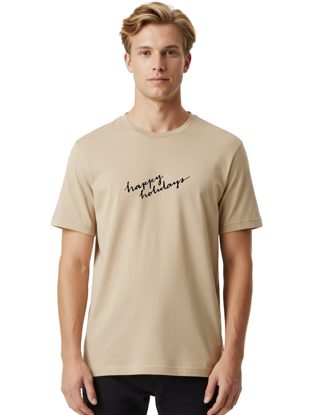 Happy-Holidays-1 Men'S Graphic Tee, 100% Cotton, Comfortable Casual Summer Wear, Machine Washable, Happy Holidays, Winter Season, Festive Wishes, Holiday Greetings, Seasonal Message, Black Calligraphy -  Aaa913