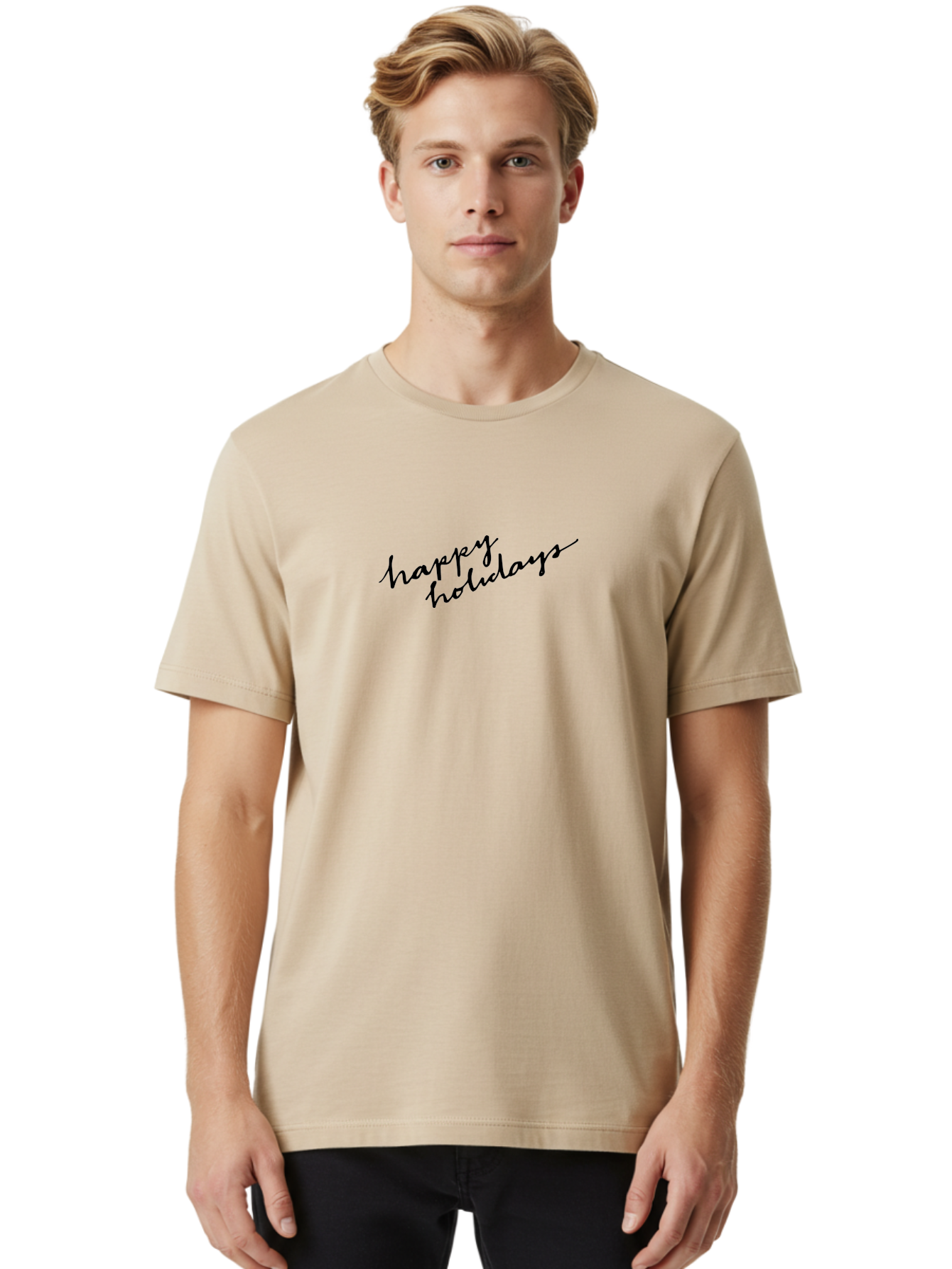 Happy-Holidays-1 Men'S Graphic Tee, 100% Cotton, Comfortable Casual Summer Wear, Machine Washable, Happy Holidays, Winter Season, Festive Wishes, Holiday Greetings, Seasonal Message, Black Calligraphy -  Aaa913