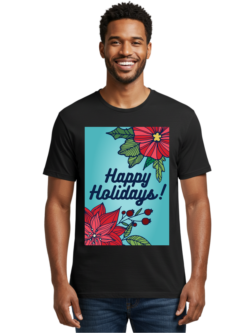 Happy-Holidays-5 Men'S Graphic Tee, 100% Cotton, Comfortable Casual Summer Wear, Machine Washable, Happy Holidays, Red Poinsettias, Festive Flowers, Holiday Cheer, Seasonal Greetings, Red Berries, Holly Leaves, Dark Blue Text, -  Aaa917