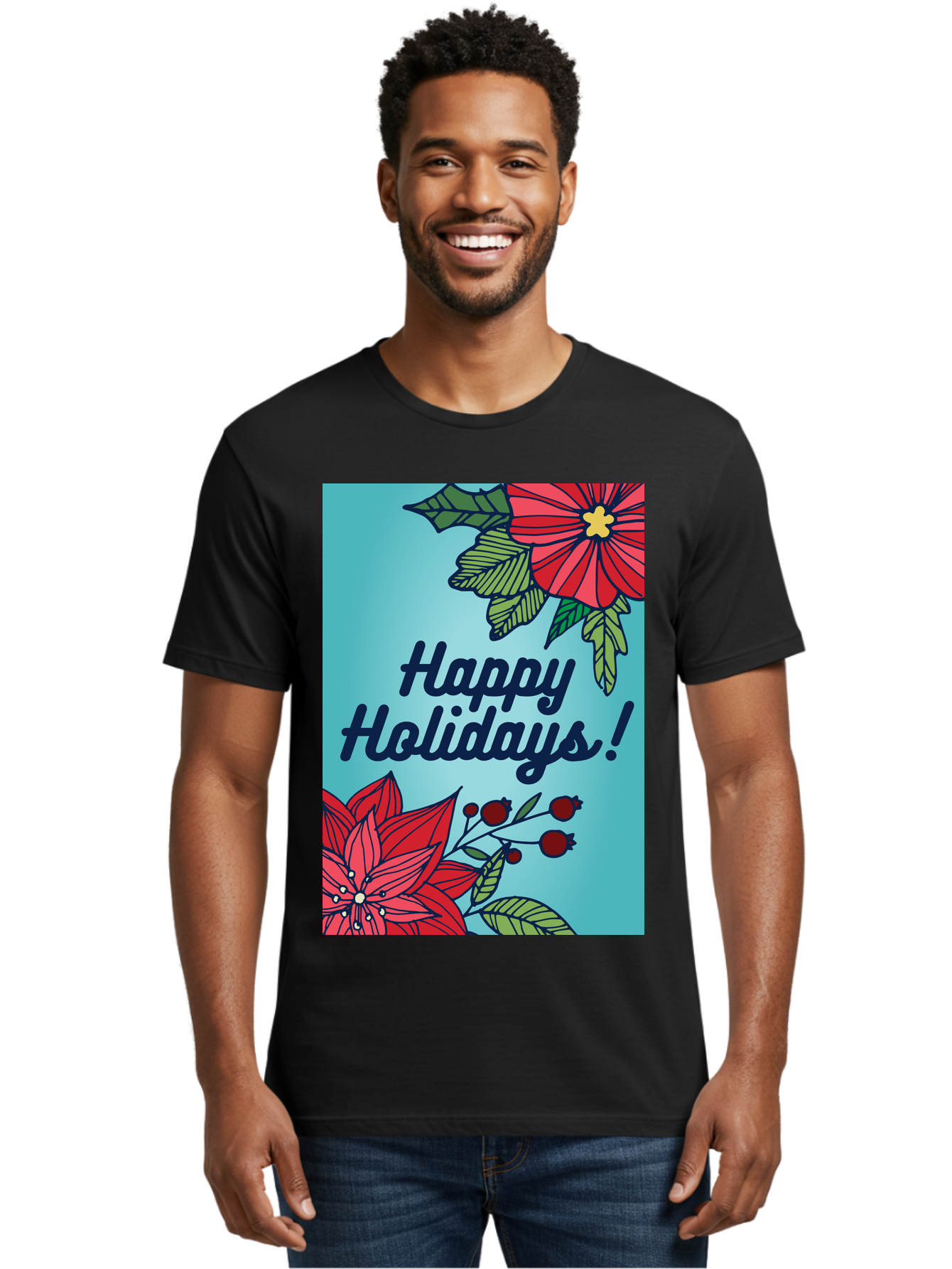 Happy-Holidays-5 Men'S Graphic Tee, 100% Cotton, Comfortable Casual Summer Wear, Machine Washable, Happy Holidays, Red Poinsettias, Festive Flowers, Holiday Cheer, Seasonal Greetings, Red Berries, Holly Leaves, Dark Blue Text, -  Aaa917