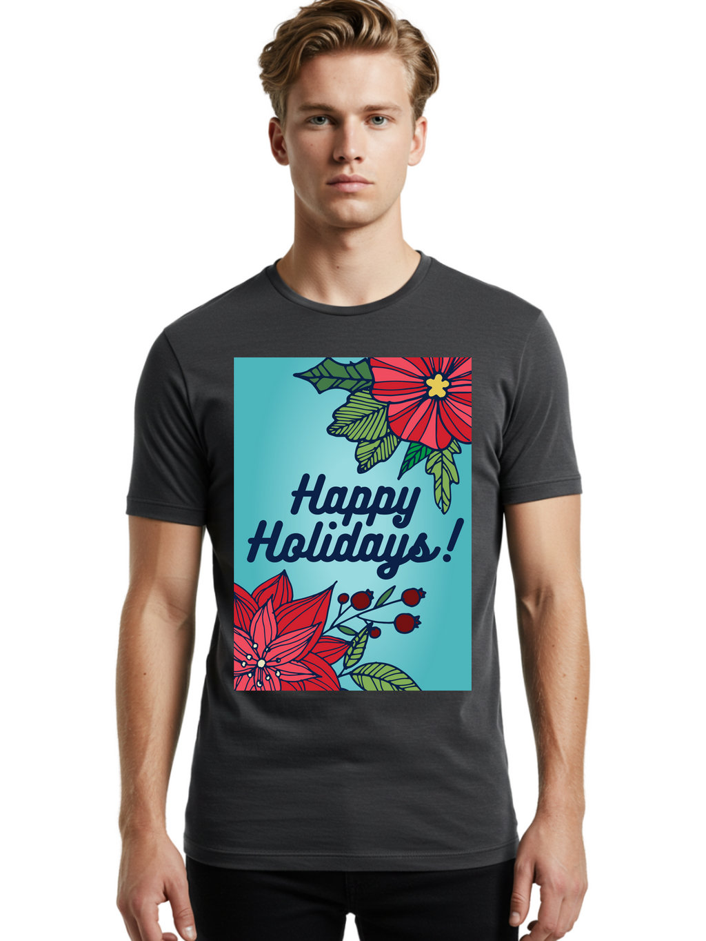 Happy-Holidays-5 Men'S Graphic Tee, 100% Cotton, Comfortable Casual Summer Wear, Machine Washable, Happy Holidays, Red Poinsettias, Festive Flowers, Holiday Cheer, Seasonal Greetings, Red Berries, Holly Leaves, Dark Blue Text, -  Aaa917