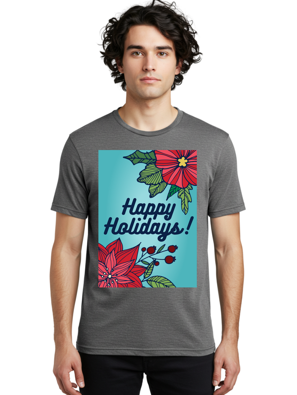 Happy-Holidays-5 Men'S Graphic Tee, 100% Cotton, Comfortable Casual Summer Wear, Machine Washable, Happy Holidays, Red Poinsettias, Festive Flowers, Holiday Cheer, Seasonal Greetings, Red Berries, Holly Leaves, Dark Blue Text, -  Aaa917