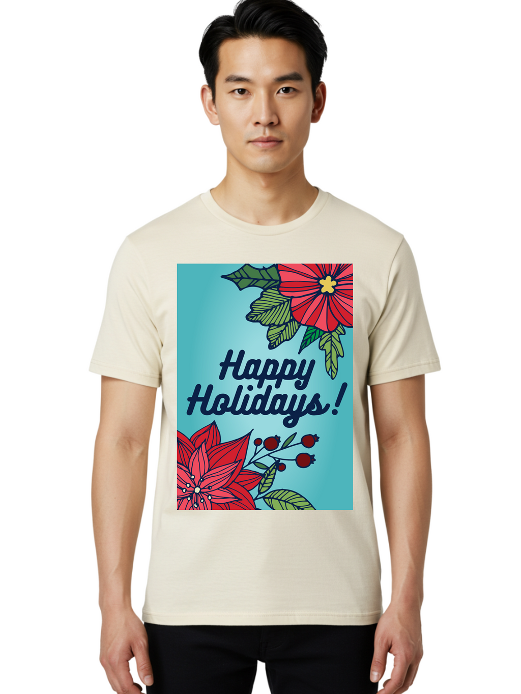 Happy-Holidays-5 Men'S Graphic Tee, 100% Cotton, Comfortable Casual Summer Wear, Machine Washable, Happy Holidays, Red Poinsettias, Festive Flowers, Holiday Cheer, Seasonal Greetings, Red Berries, Holly Leaves, Dark Blue Text, -  Aaa917