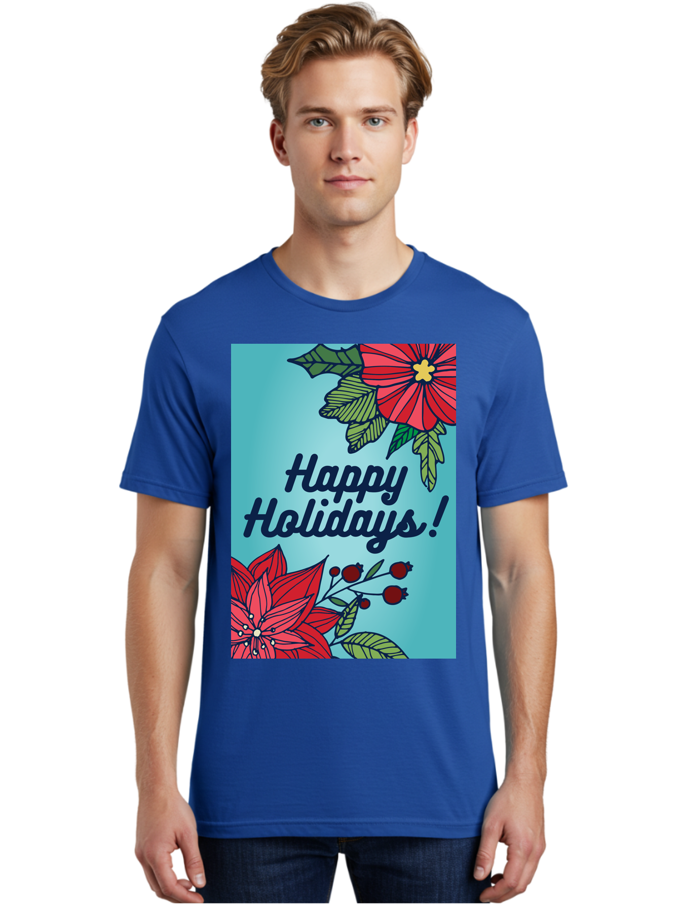 Happy-Holidays-5 Men'S Graphic Tee, 100% Cotton, Comfortable Casual Summer Wear, Machine Washable, Happy Holidays, Red Poinsettias, Festive Flowers, Holiday Cheer, Seasonal Greetings, Red Berries, Holly Leaves, Dark Blue Text, -  Aaa917