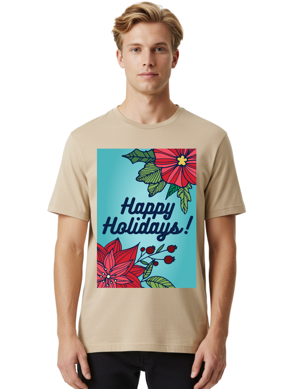 Happy-Holidays-5 Men'S Graphic Tee, 100% Cotton, Comfortable Casual Summer Wear, Machine Washable, Happy Holidays, Red Poinsettias, Festive Flowers, Holiday Cheer, Seasonal Greetings, Red Berries, Holly Leaves, Dark Blue Text, -  Aaa917