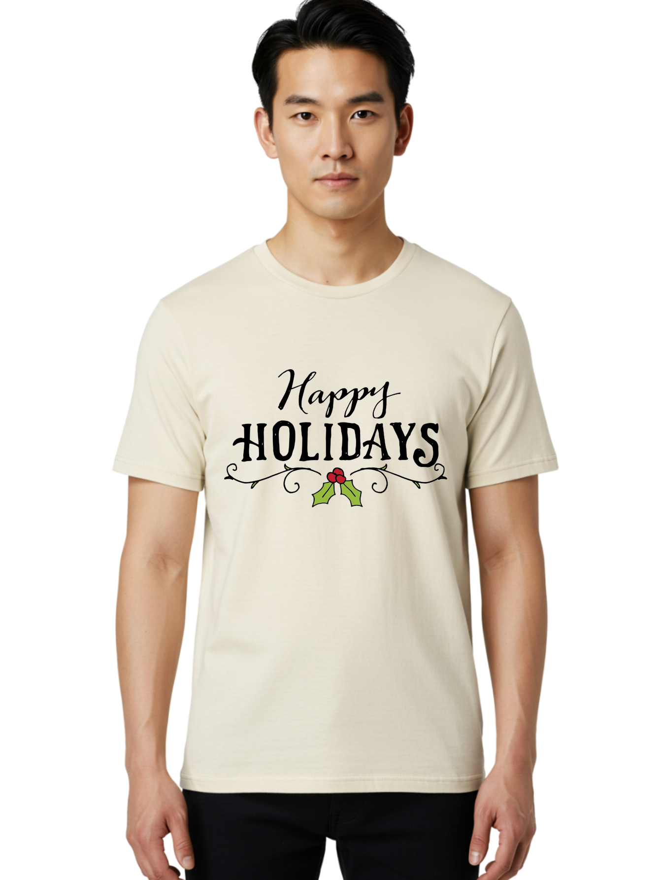 Happy-Holidays-6 Men'S Graphic Tee, 100% Cotton, Comfortable Casual Summer Wear, Machine Washable, Happy Holidays, Holiday Cheer, Festive Season, Holly Leaves, Red Berries, Black Script, Vintage Typography, Christmas Greetings, -  Aaa918