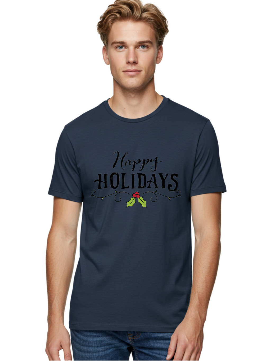 Happy-Holidays-6 Men'S Graphic Tee, 100% Cotton, Comfortable Casual Summer Wear, Machine Washable, Happy Holidays, Holiday Cheer, Festive Season, Holly Leaves, Red Berries, Black Script, Vintage Typography, Christmas Greetings, -  Aaa918