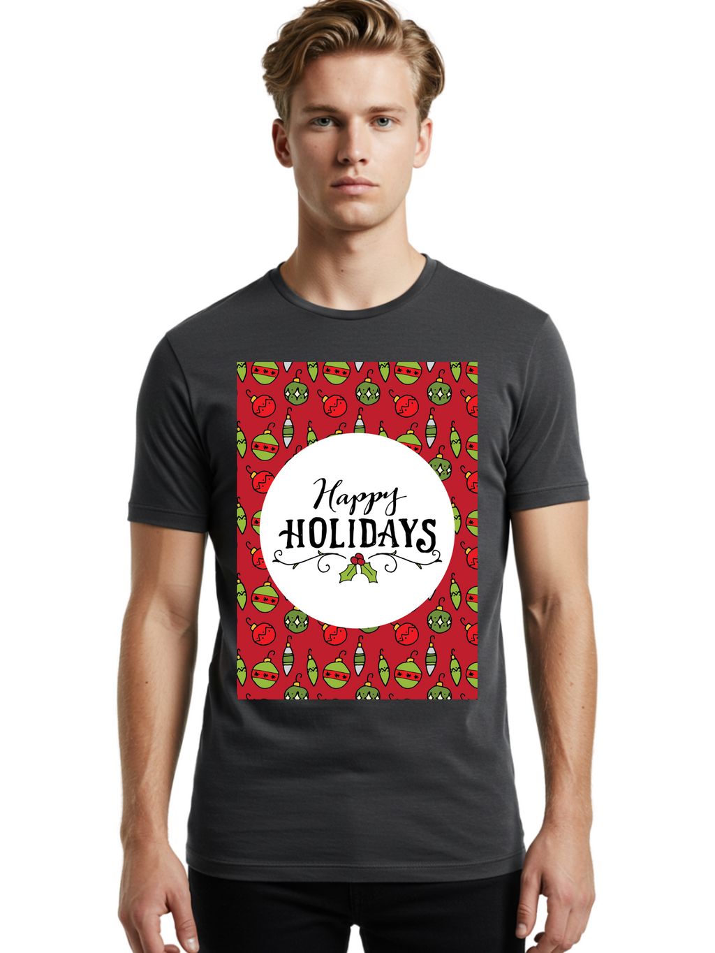 Happy-Holidays-7 Men'S Graphic Tee, 100% Cotton, Comfortable Casual Summer Wear, Machine Washable, Happy Holidays Greeting, Christmas Ornaments, Festive Decorations, Holiday Cheer, Red And Green Theme, Winter Season, Holiday Wishes, -  Aaa919