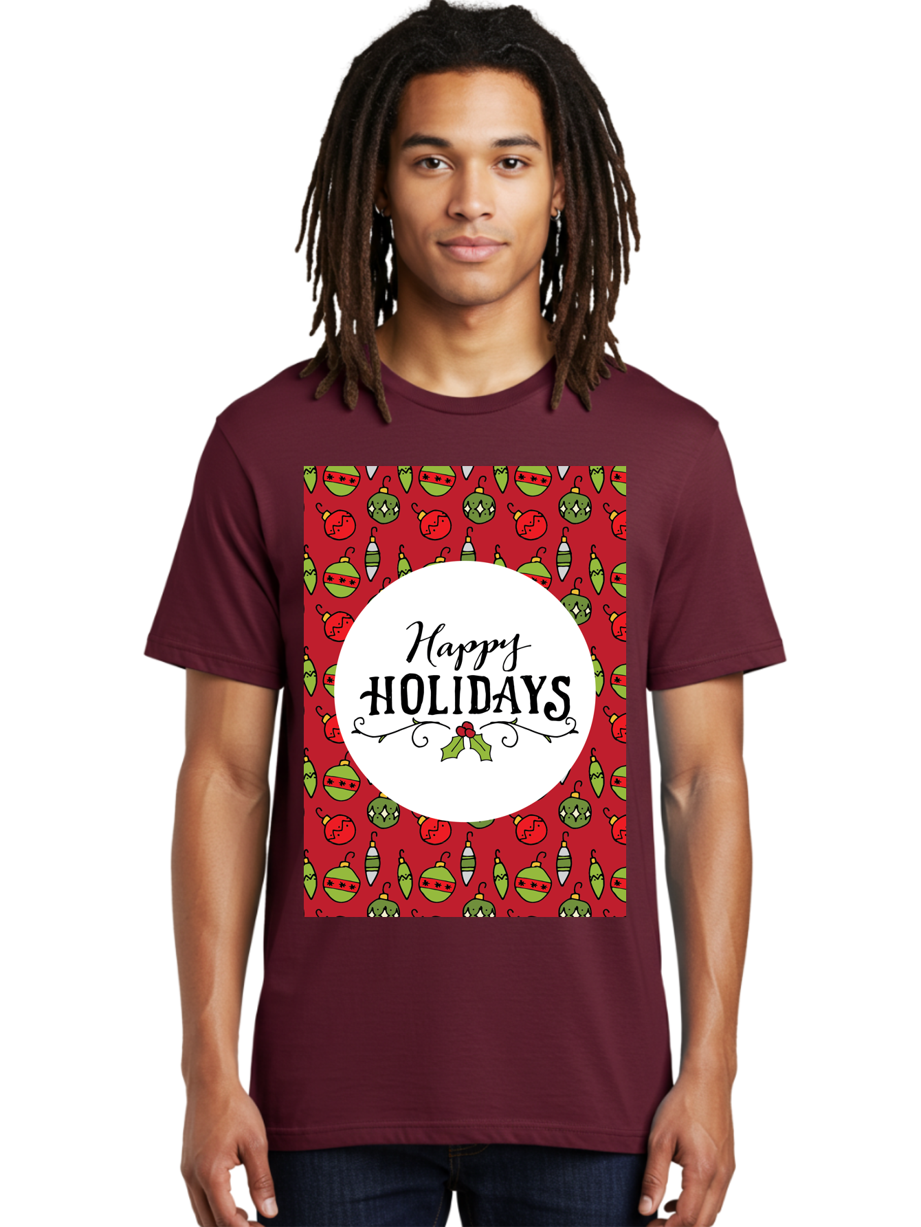 Happy-Holidays-7 Men'S Graphic Tee, 100% Cotton, Comfortable Casual Summer Wear, Machine Washable, Happy Holidays Greeting, Christmas Ornaments, Festive Decorations, Holiday Cheer, Red And Green Theme, Winter Season, Holiday Wishes, -  Aaa919