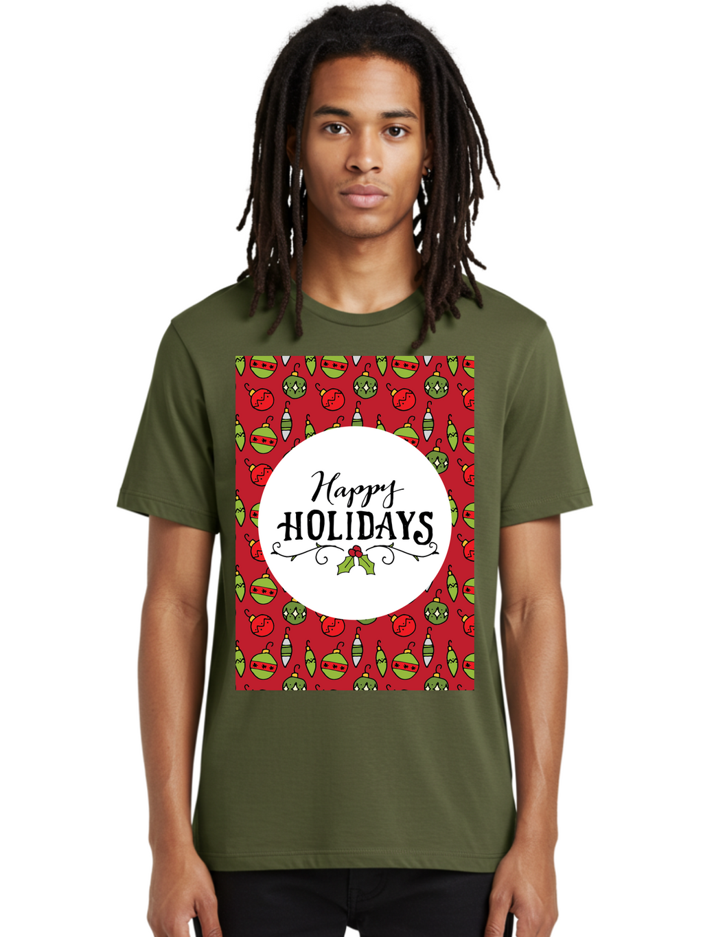 Happy-Holidays-7 Men'S Graphic Tee, 100% Cotton, Comfortable Casual Summer Wear, Machine Washable, Happy Holidays Greeting, Christmas Ornaments, Festive Decorations, Holiday Cheer, Red And Green Theme, Winter Season, Holiday Wishes, -  Aaa919