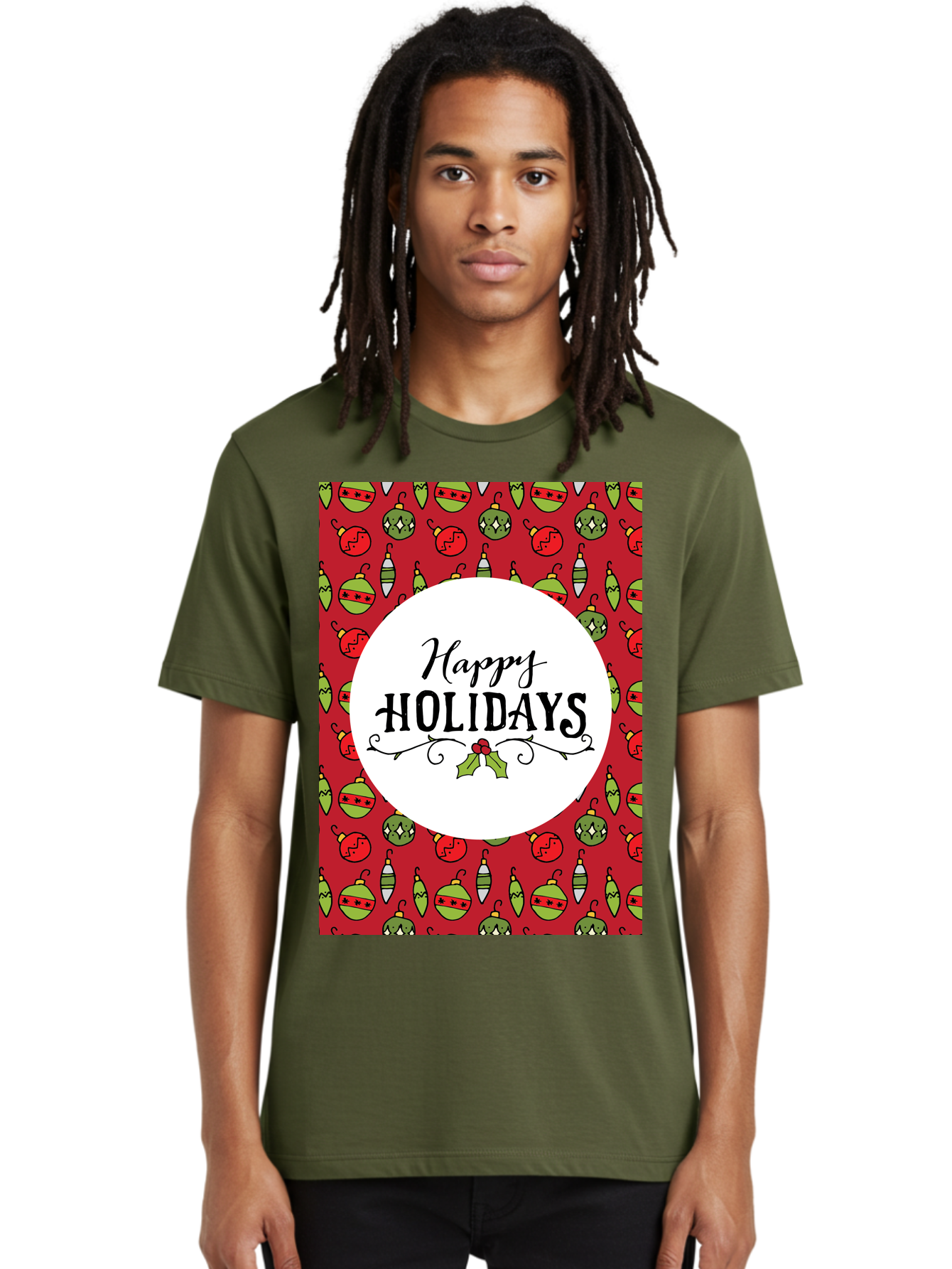 Happy-Holidays-7 Men'S Graphic Tee, 100% Cotton, Comfortable Casual Summer Wear, Machine Washable, Happy Holidays Greeting, Christmas Ornaments, Festive Decorations, Holiday Cheer, Red And Green Theme, Winter Season, Holiday Wishes, -  Aaa919
