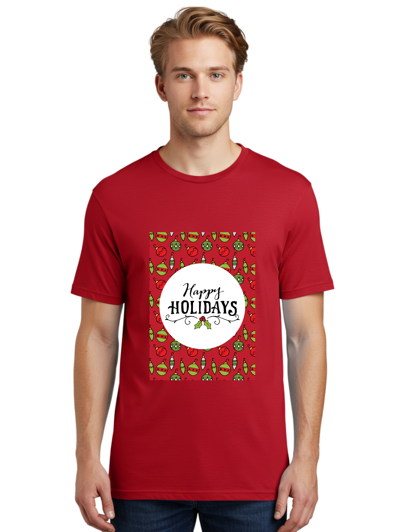 Happy-Holidays-7 Men'S Graphic Tee, 100% Cotton, Comfortable Casual Summer Wear, Machine Washable, Happy Holidays Greeting, Christmas Ornaments, Festive Decorations, Holiday Cheer, Red And Green Theme, Winter Season, Holiday Wishes, -  Aaa919