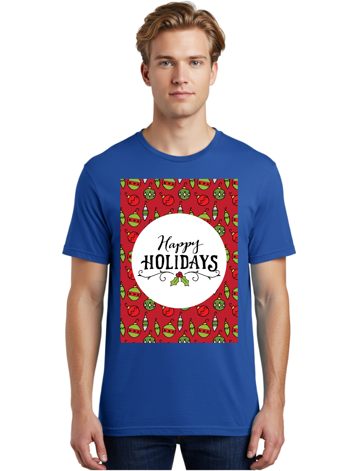 Happy-Holidays-7 Men'S Graphic Tee, 100% Cotton, Comfortable Casual Summer Wear, Machine Washable, Happy Holidays Greeting, Christmas Ornaments, Festive Decorations, Holiday Cheer, Red And Green Theme, Winter Season, Holiday Wishes, -  Aaa919