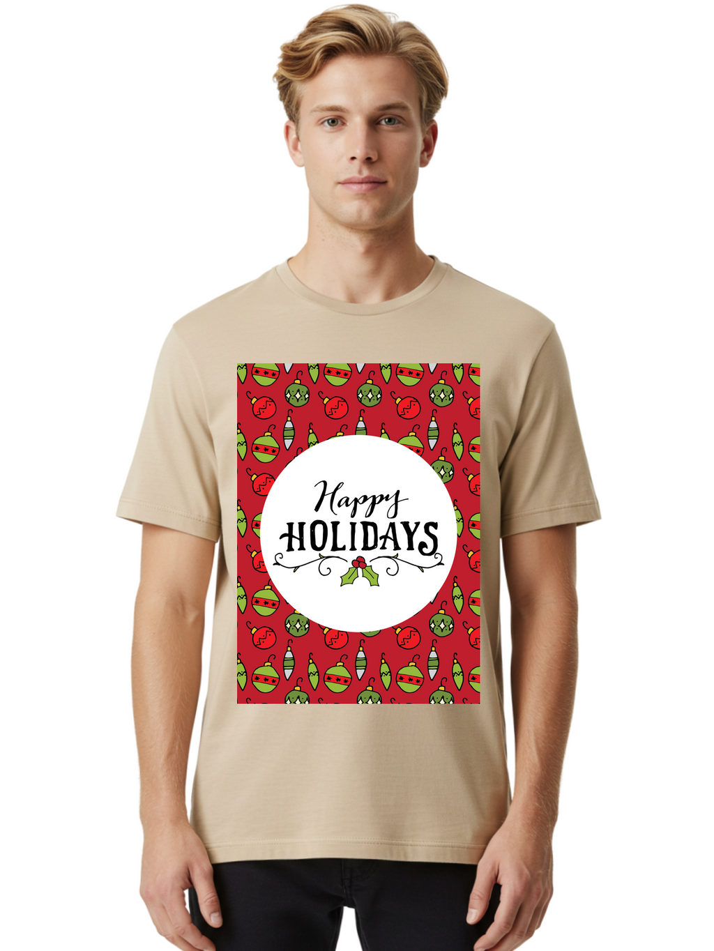 Happy-Holidays-7 Men'S Graphic Tee, 100% Cotton, Comfortable Casual Summer Wear, Machine Washable, Happy Holidays Greeting, Christmas Ornaments, Festive Decorations, Holiday Cheer, Red And Green Theme, Winter Season, Holiday Wishes, -  Aaa919