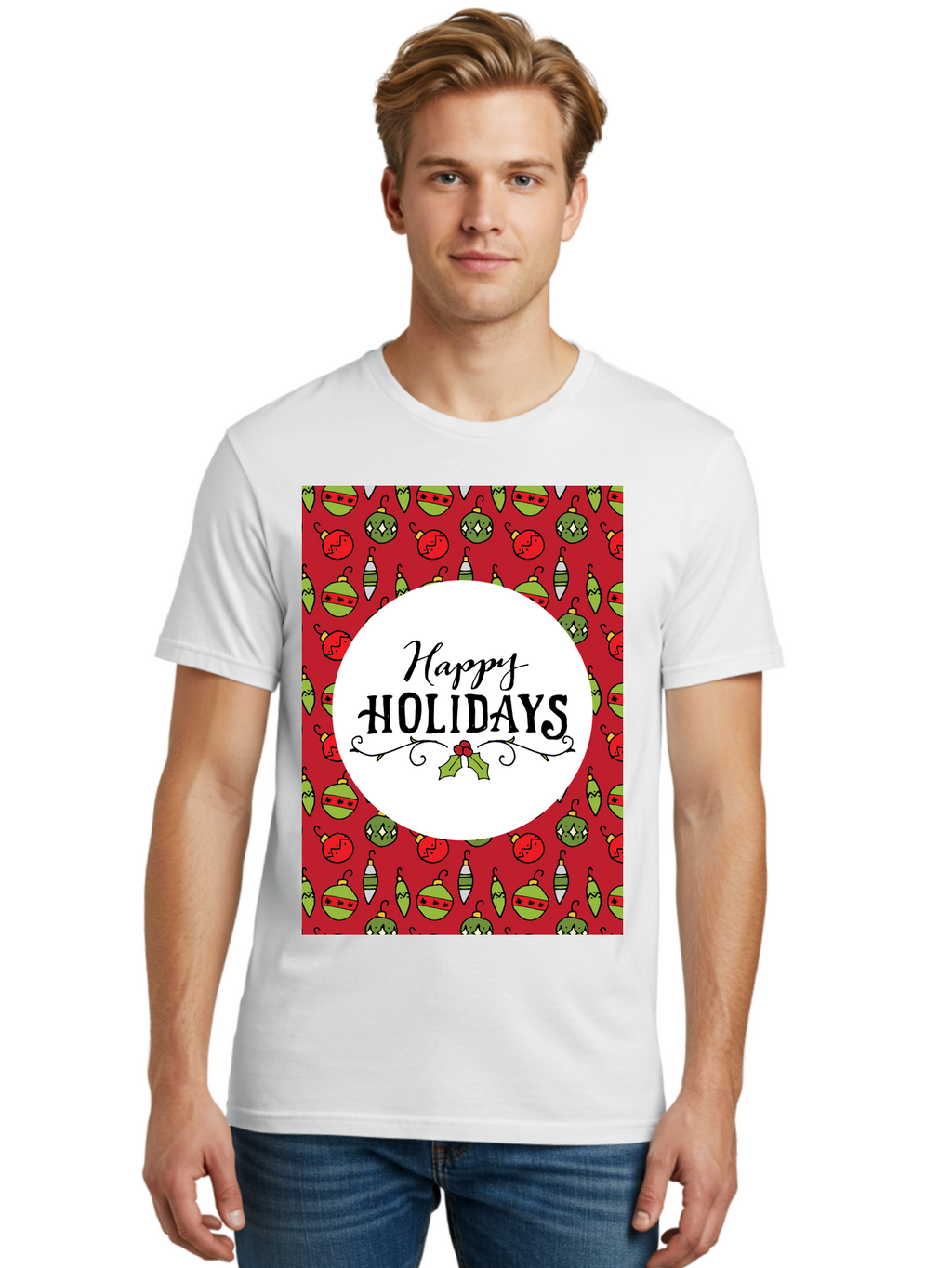 Happy-Holidays-7 Men'S Graphic Tee, 100% Cotton, Comfortable Casual Summer Wear, Machine Washable, Happy Holidays Greeting, Christmas Ornaments, Festive Decorations, Holiday Cheer, Red And Green Theme, Winter Season, Holiday Wishes, -  Aaa919
