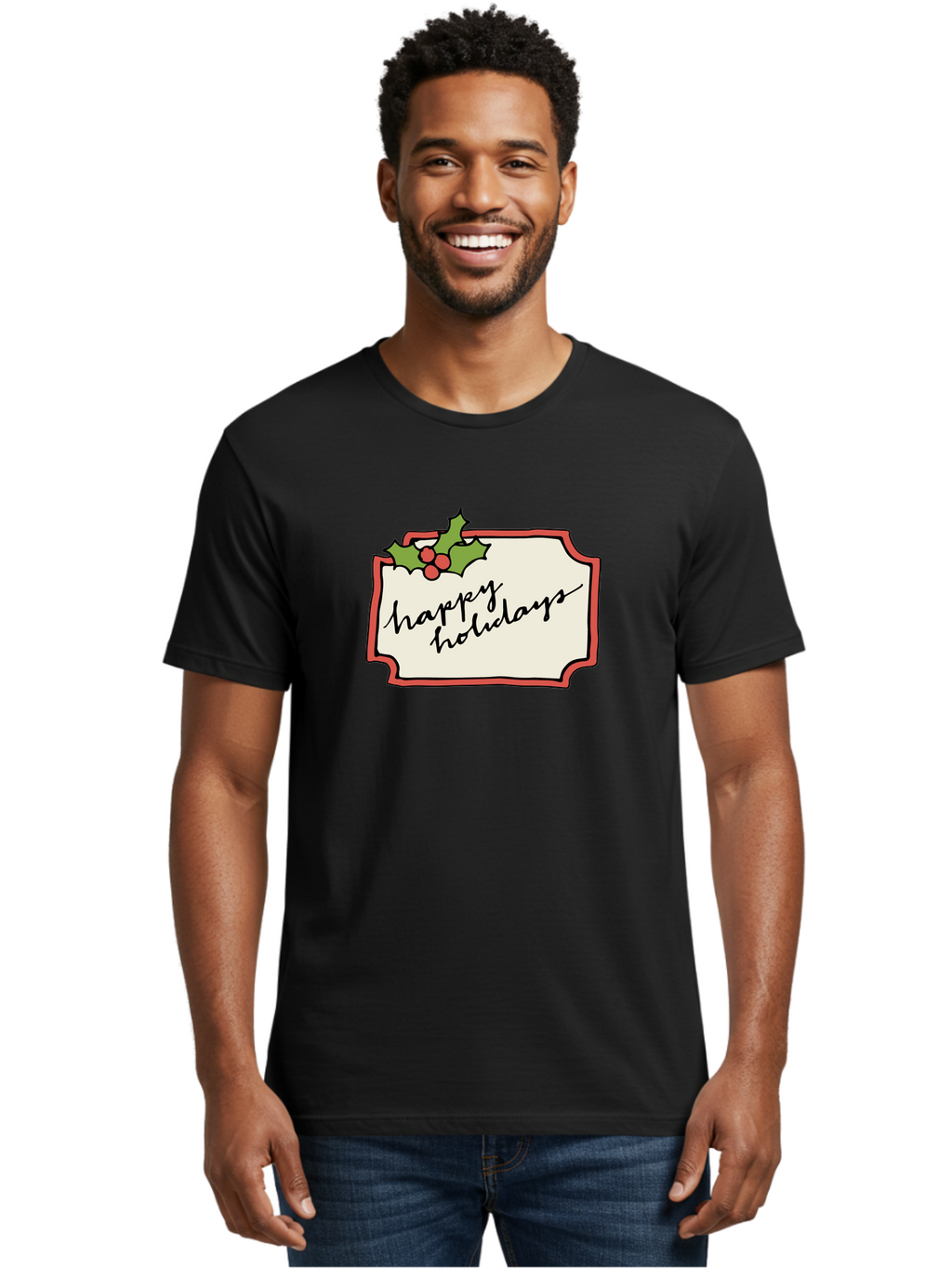 Happy-Holidays Men'S Graphic Tee, 100% Cotton, Comfortable Casual Summer Wear, Machine Washable, Happy Holidays, Festive Season, Holiday Cheer, Red Berries, Holly Leaves, Greeting Card, Celebration, Winter Wonderland, Joyous Occasion, -  Aaa921