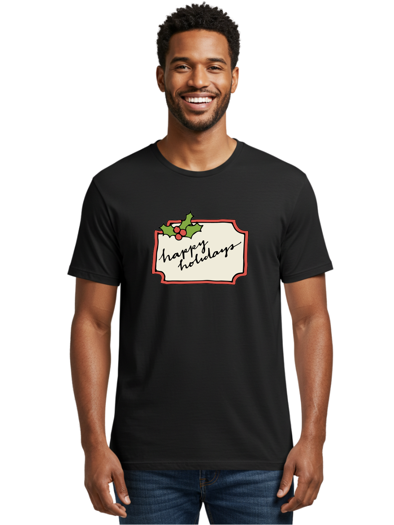 Happy-Holidays Men'S Graphic Tee, 100% Cotton, Comfortable Casual Summer Wear, Machine Washable, Happy Holidays, Festive Season, Holiday Cheer, Red Berries, Holly Leaves, Greeting Card, Celebration, Winter Wonderland, Joyous Occasion, -  Aaa921