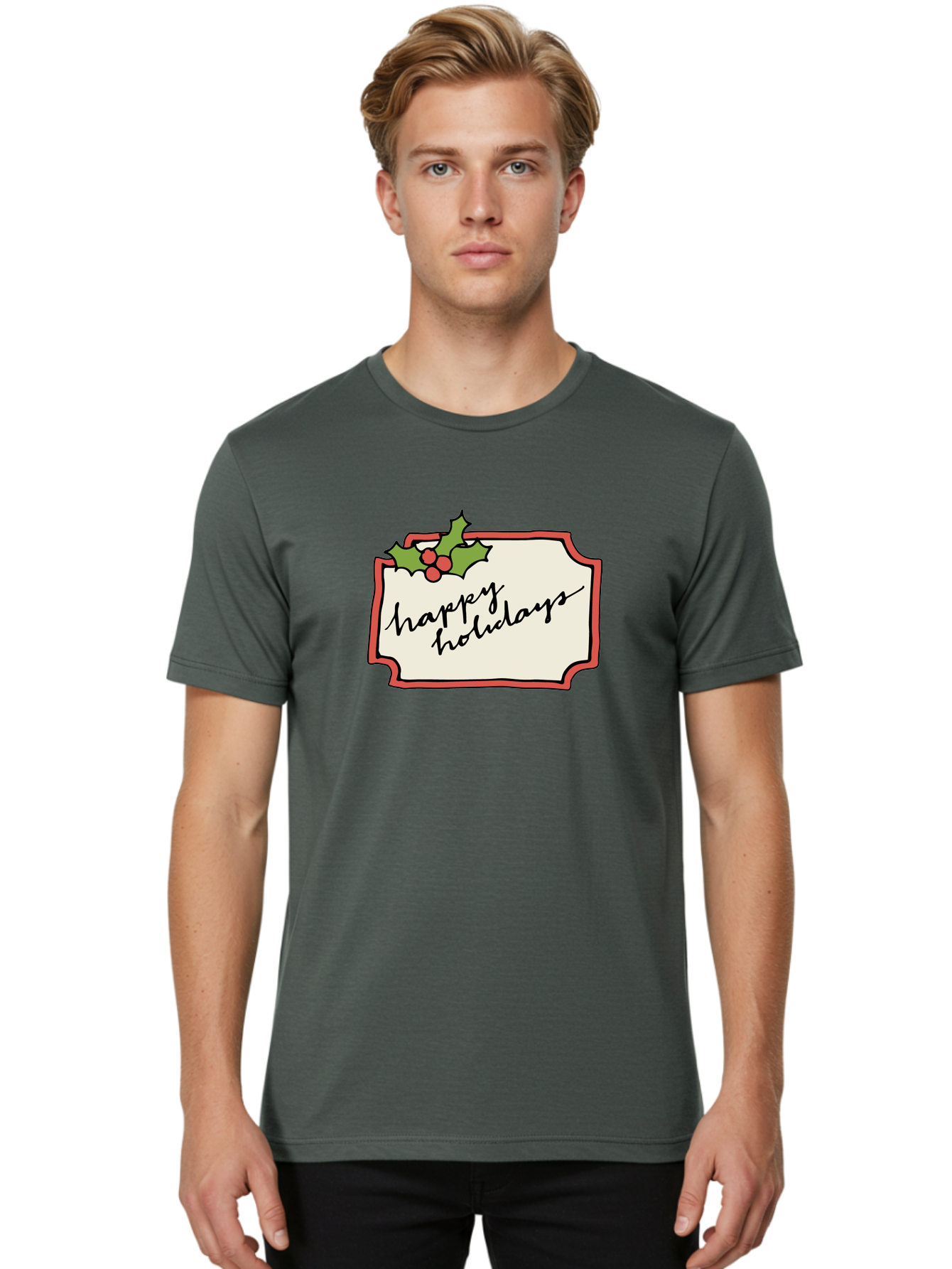 Happy-Holidays Men'S Graphic Tee, 100% Cotton, Comfortable Casual Summer Wear, Machine Washable, Happy Holidays, Festive Season, Holiday Cheer, Red Berries, Holly Leaves, Greeting Card, Celebration, Winter Wonderland, Joyous Occasion, -  Aaa921
