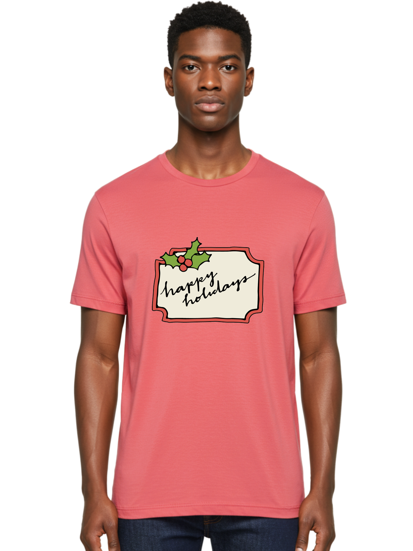 Happy-Holidays Men'S Graphic Tee, 100% Cotton, Comfortable Casual Summer Wear, Machine Washable, Happy Holidays, Festive Season, Holiday Cheer, Red Berries, Holly Leaves, Greeting Card, Celebration, Winter Wonderland, Joyous Occasion, -  Aaa921