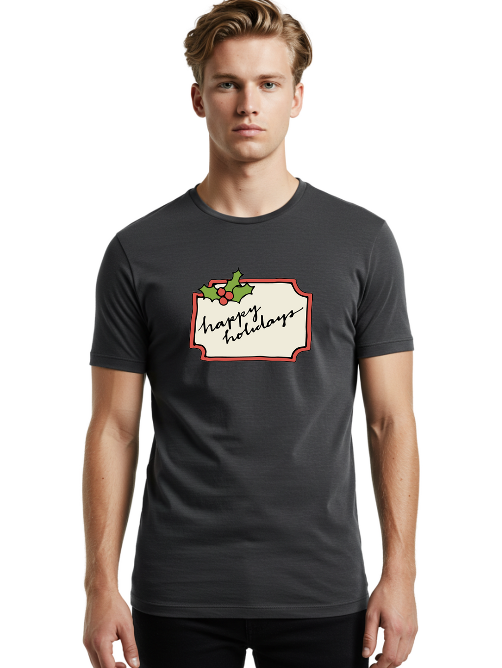 Happy-Holidays Men'S Graphic Tee, 100% Cotton, Comfortable Casual Summer Wear, Machine Washable, Happy Holidays, Festive Season, Holiday Cheer, Red Berries, Holly Leaves, Greeting Card, Celebration, Winter Wonderland, Joyous Occasion, -  Aaa921